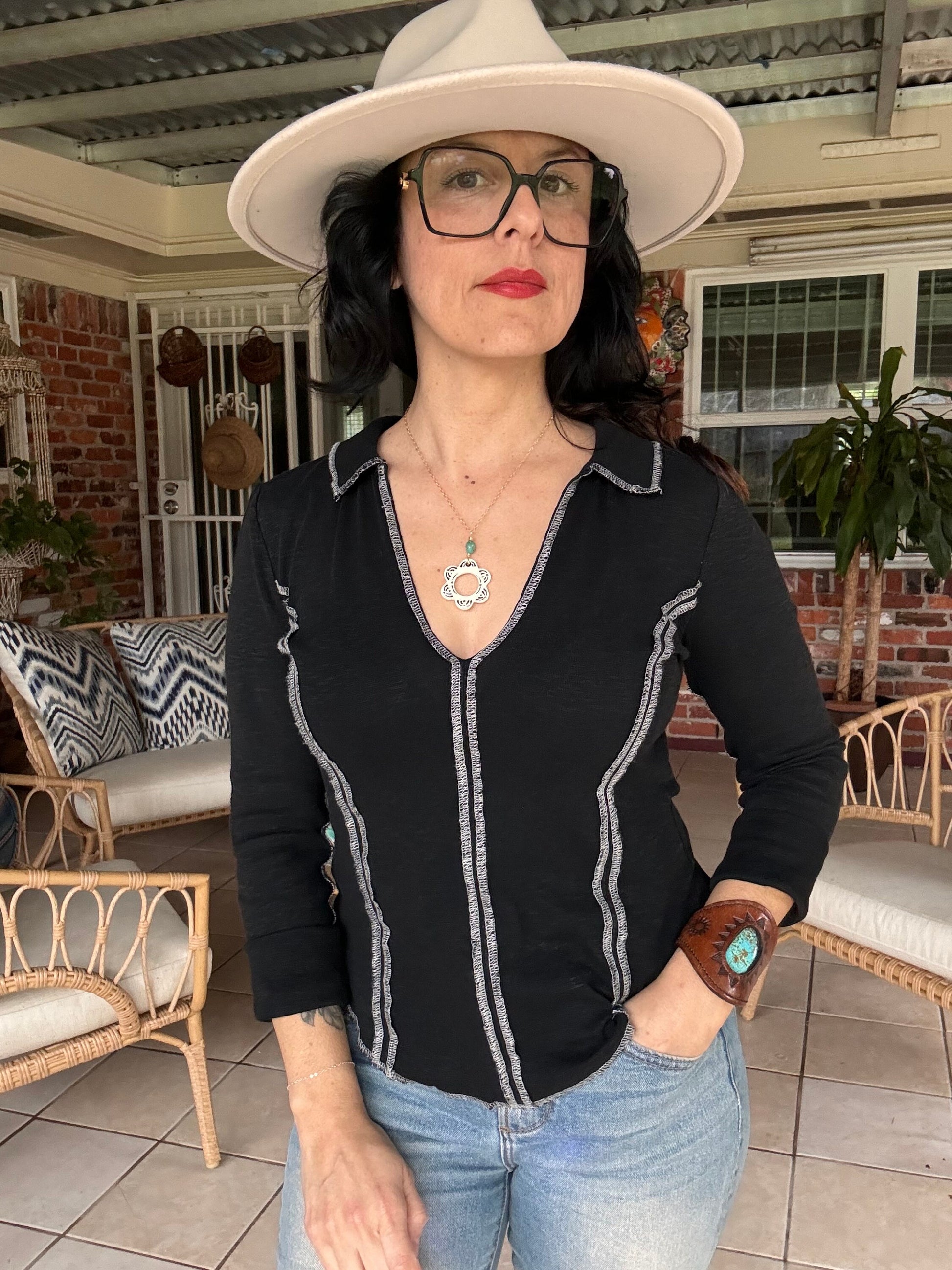 Ceramic Black Folk Flower and genuine turquoise nugget Charm Necklace