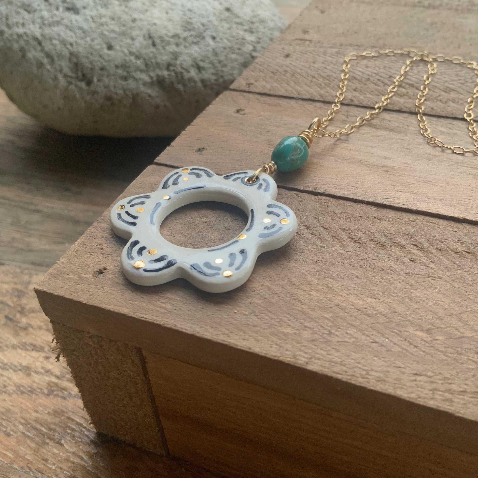 Ceramic Black Folk Flower and genuine turquoise nugget Charm Necklace