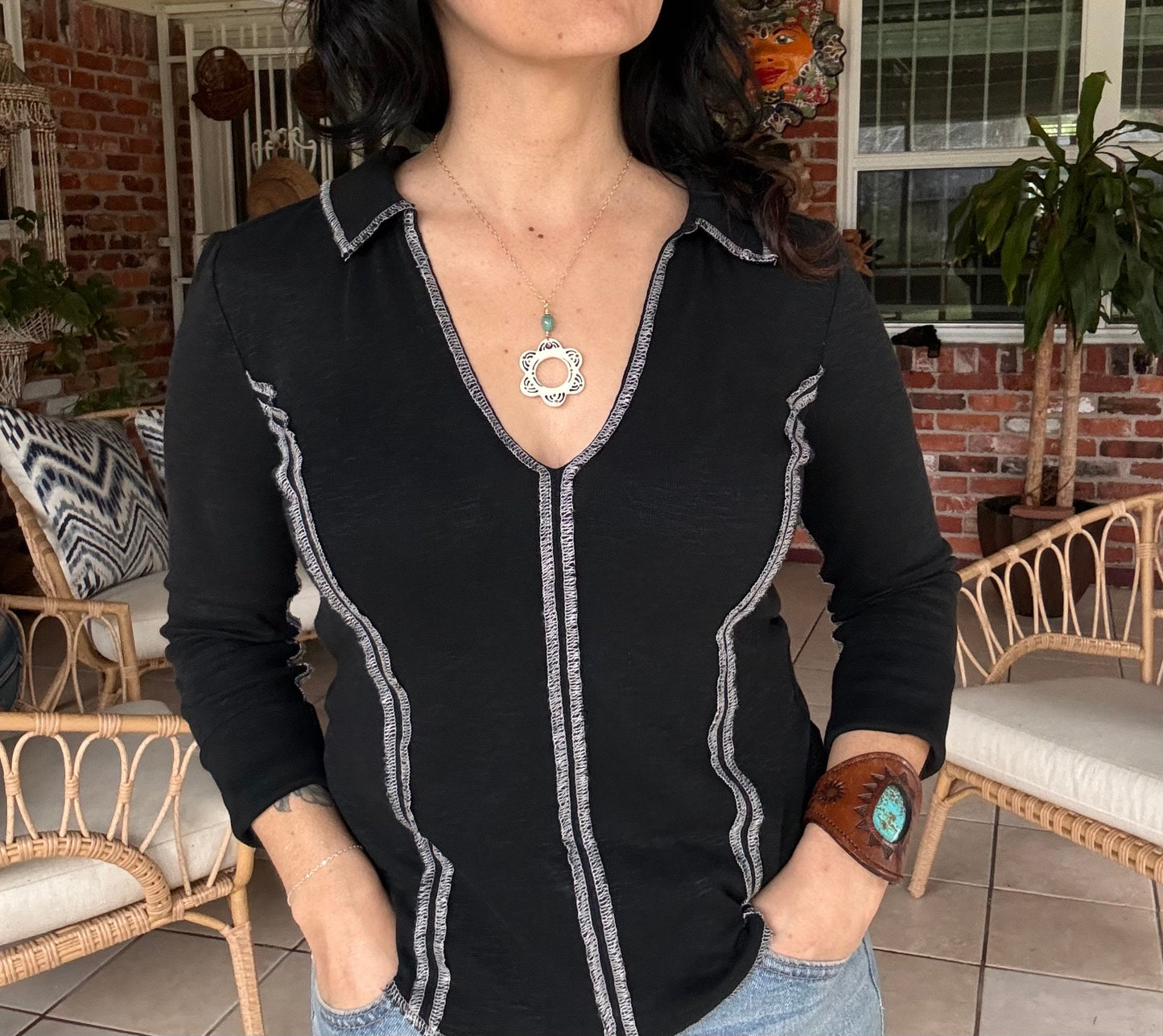 Ceramic Black Folk Flower and genuine turquoise nugget Charm Necklace