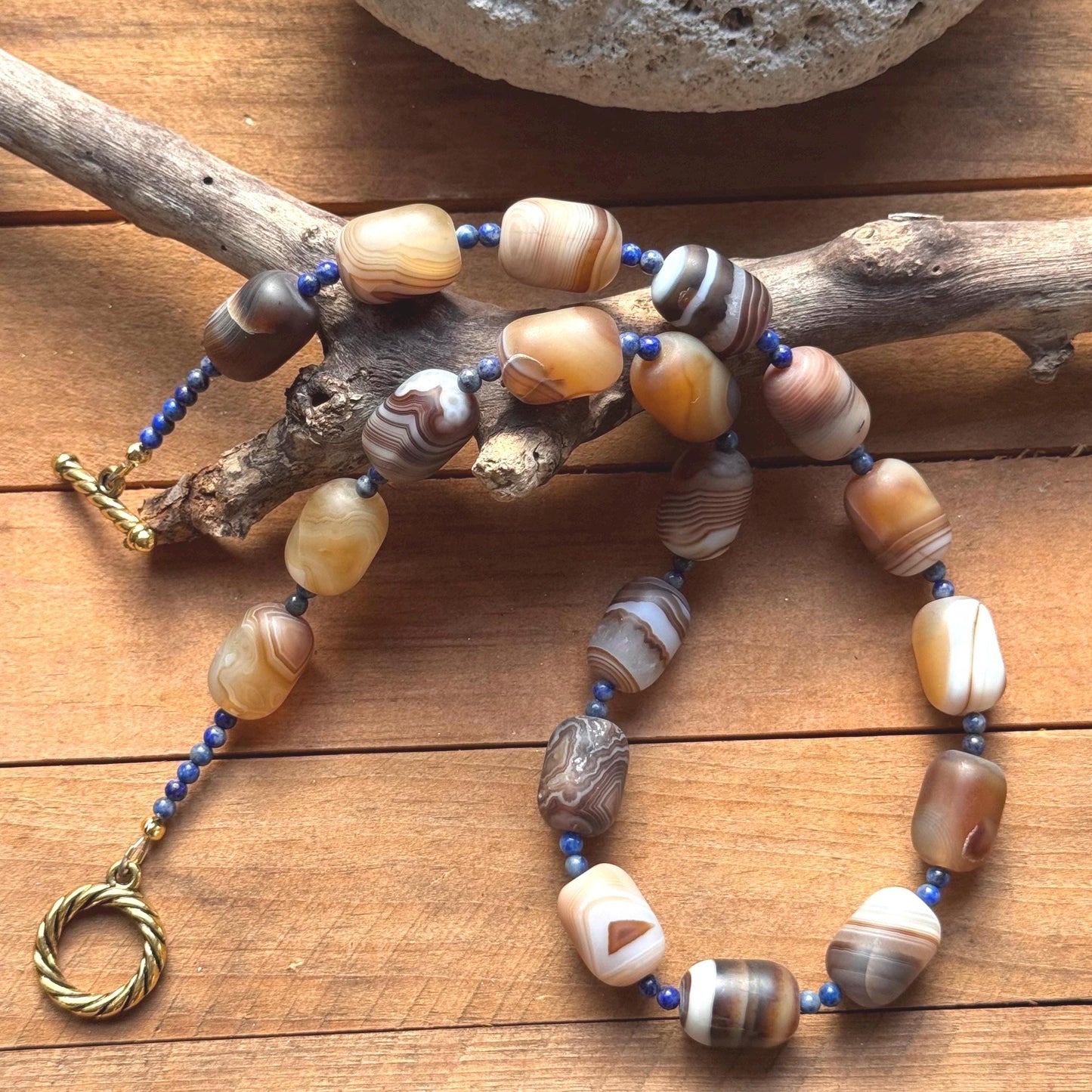 Chunky Brown Banded Onyx Necklace: Lapis Lazuli Accents