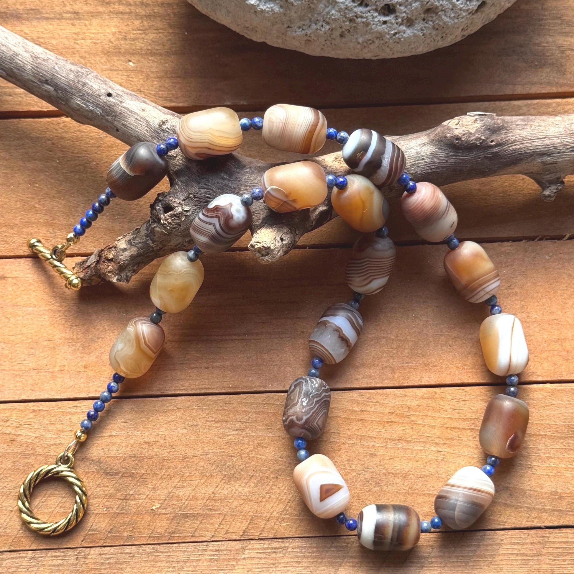 Chunky Brown Banded Onyx Necklace: Lapis Lazuli Accents