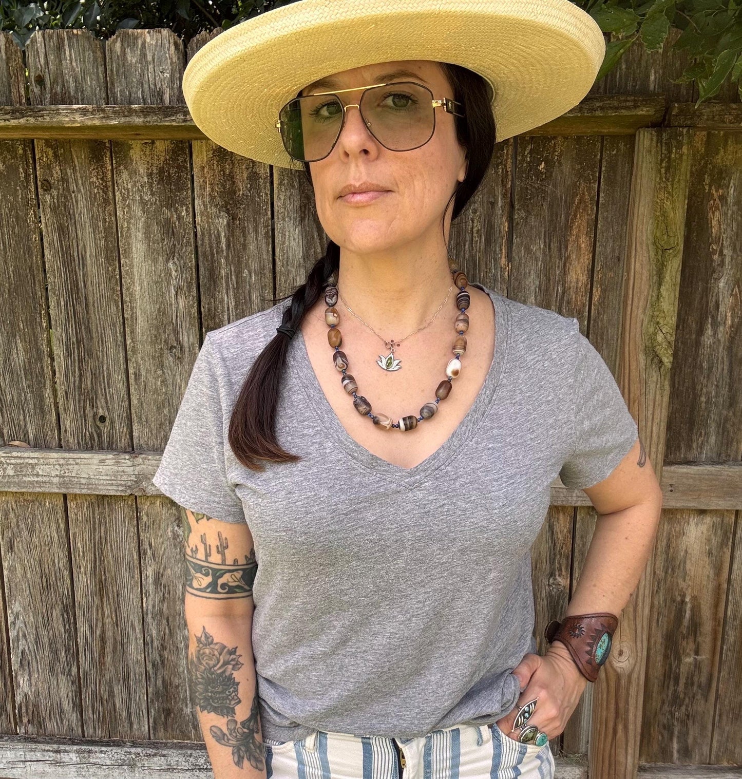 Chunky Brown Banded Onyx Necklace: Lapis Lazuli Accents