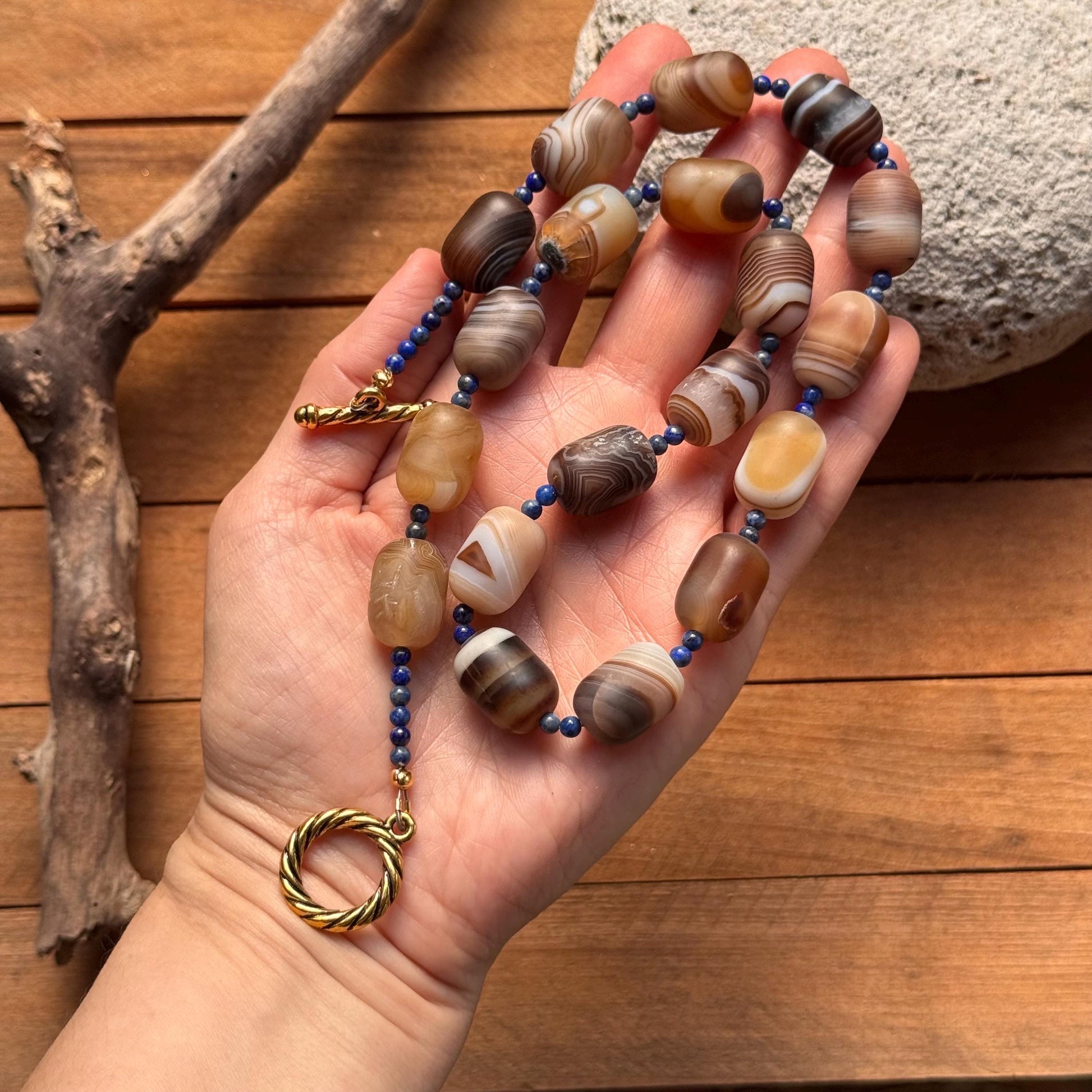 Chunky Brown Banded Onyx Necklace: Lapis Lazuli Accents