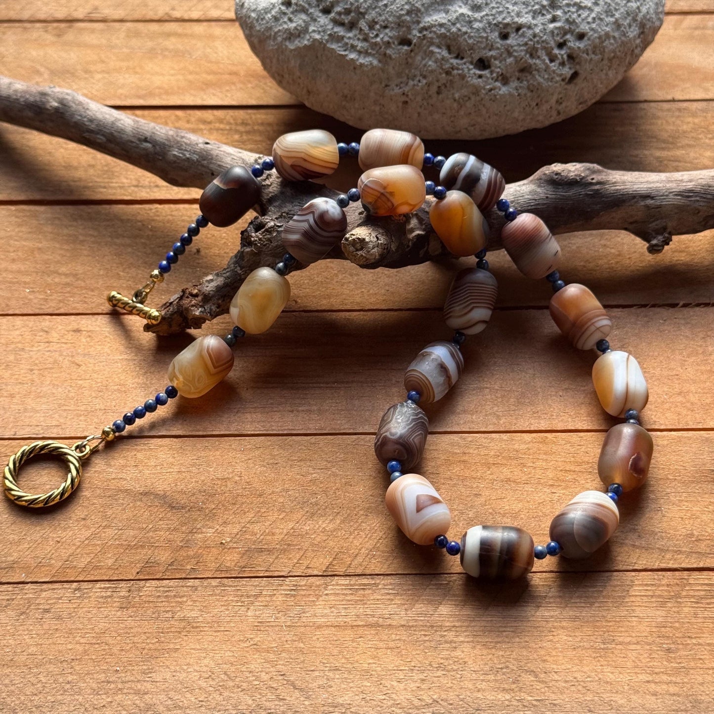 Chunky Brown Banded Onyx Necklace: Lapis Lazuli Accents