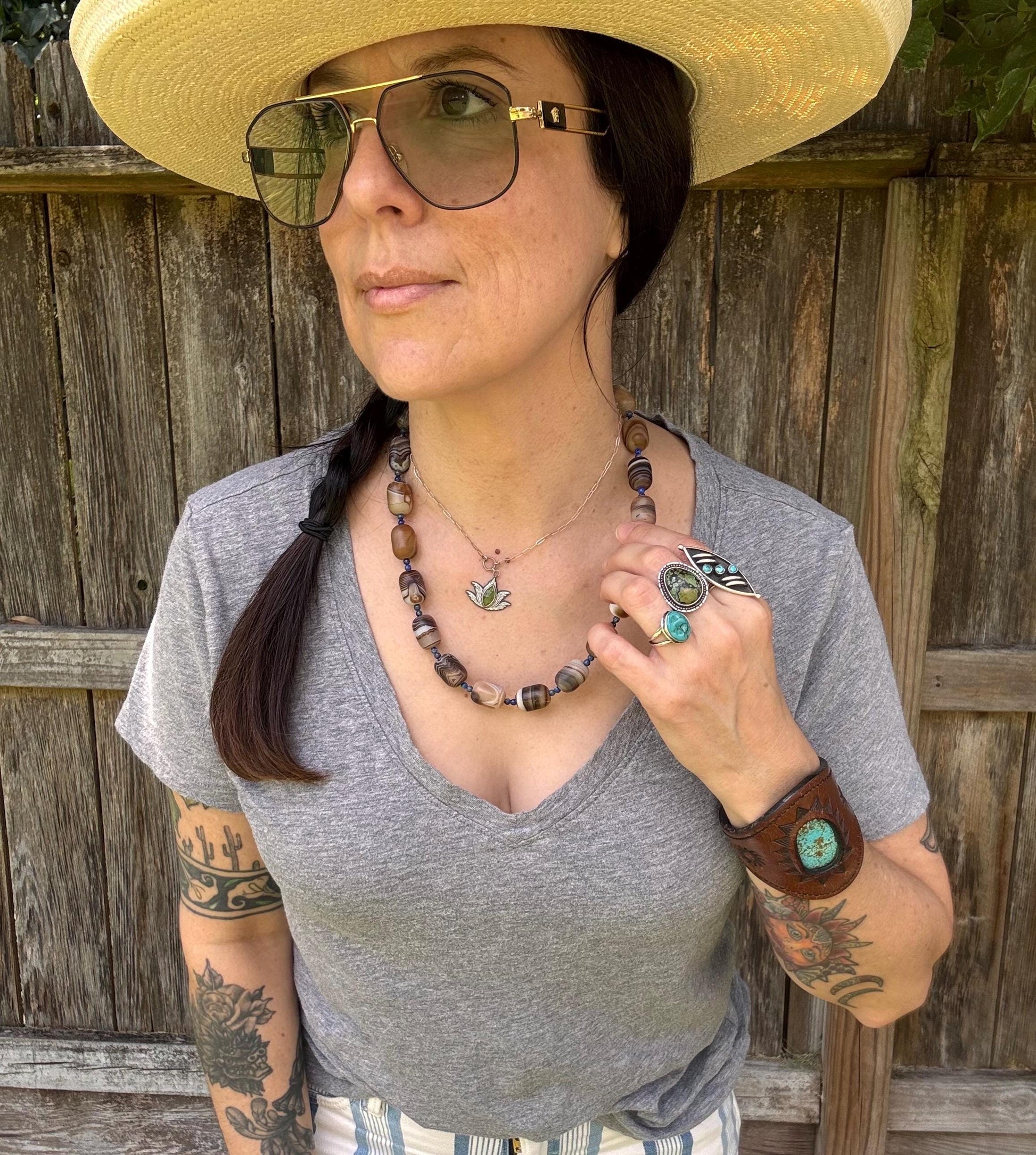 Chunky Brown Banded Onyx Necklace: Lapis Lazuli Accents