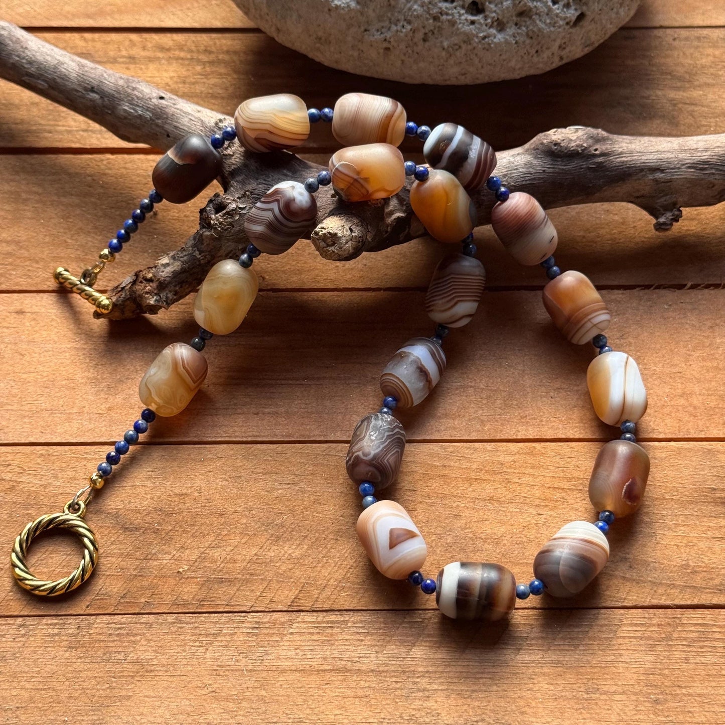 Chunky Brown Banded Onyx Necklace: Lapis Lazuli Accents
