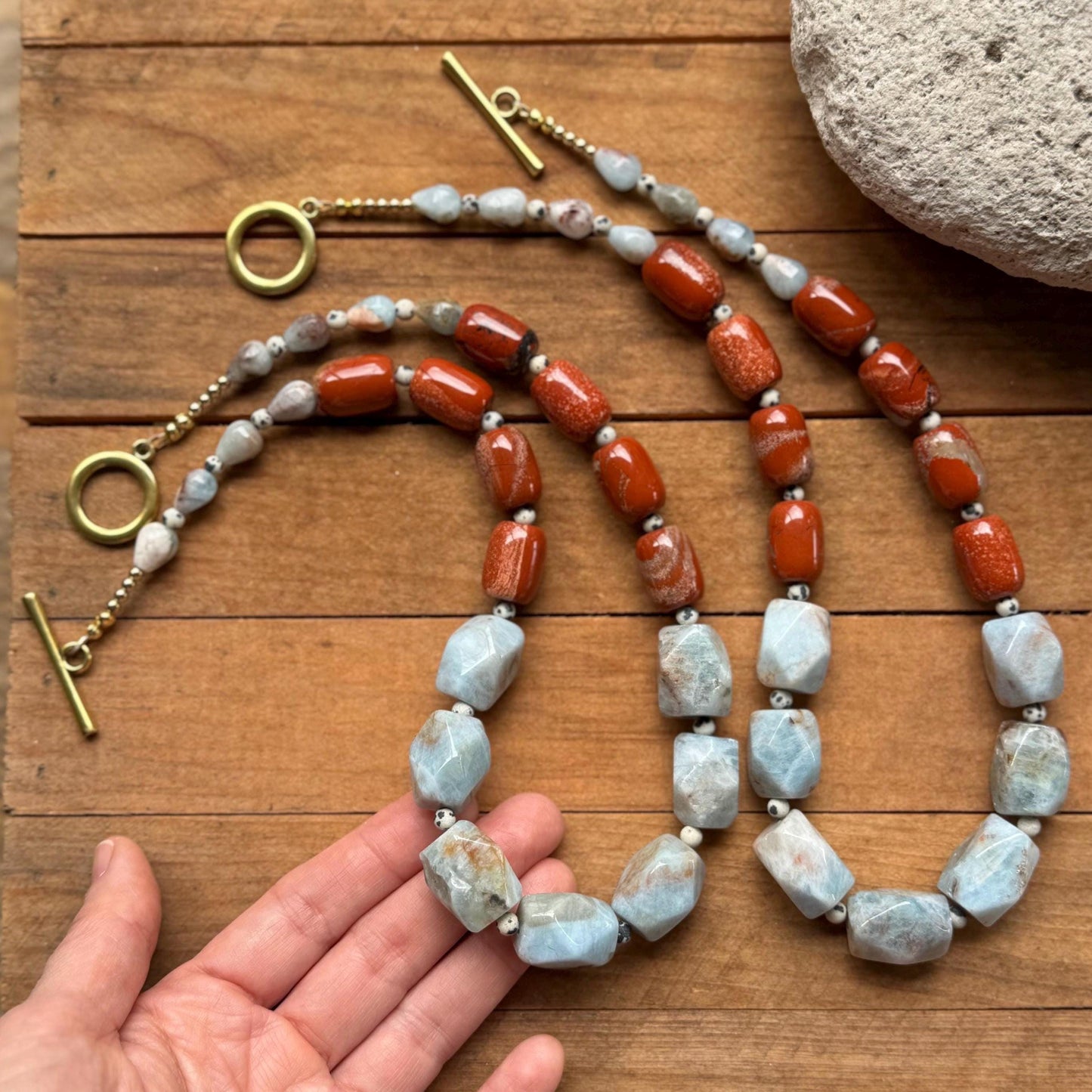 Chunky Aquamarine Nugget Necklace with Red Jasper Beads