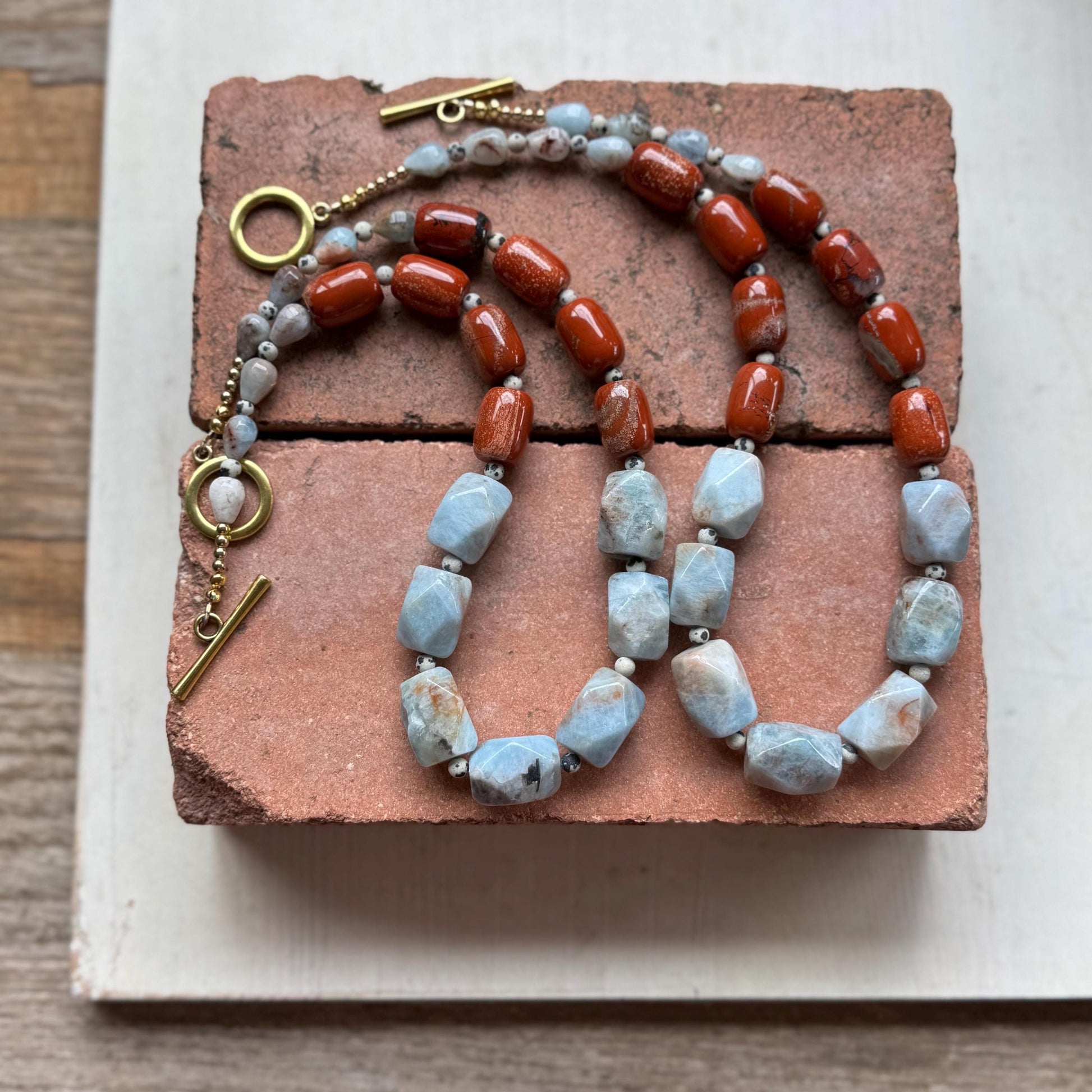 Chunky Aquamarine Nugget Necklace with Red Jasper Beads