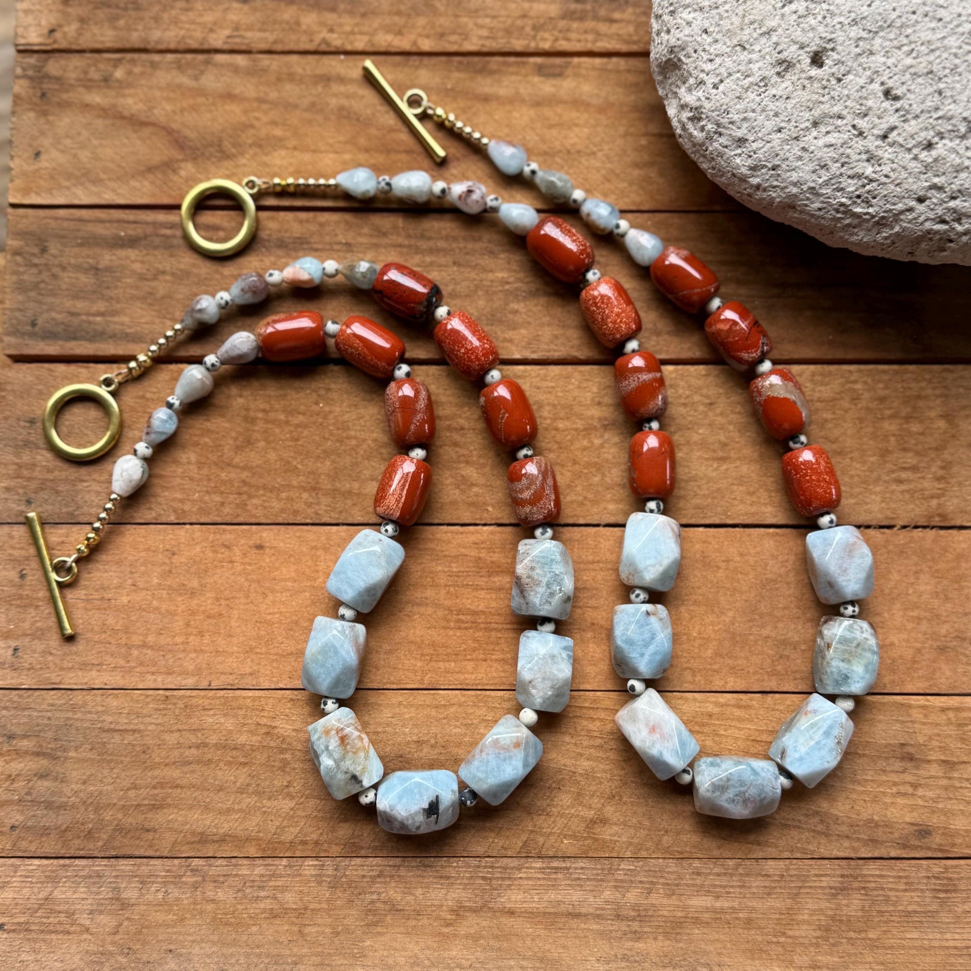 Chunky Aquamarine Nugget Necklace with Red Jasper Beads