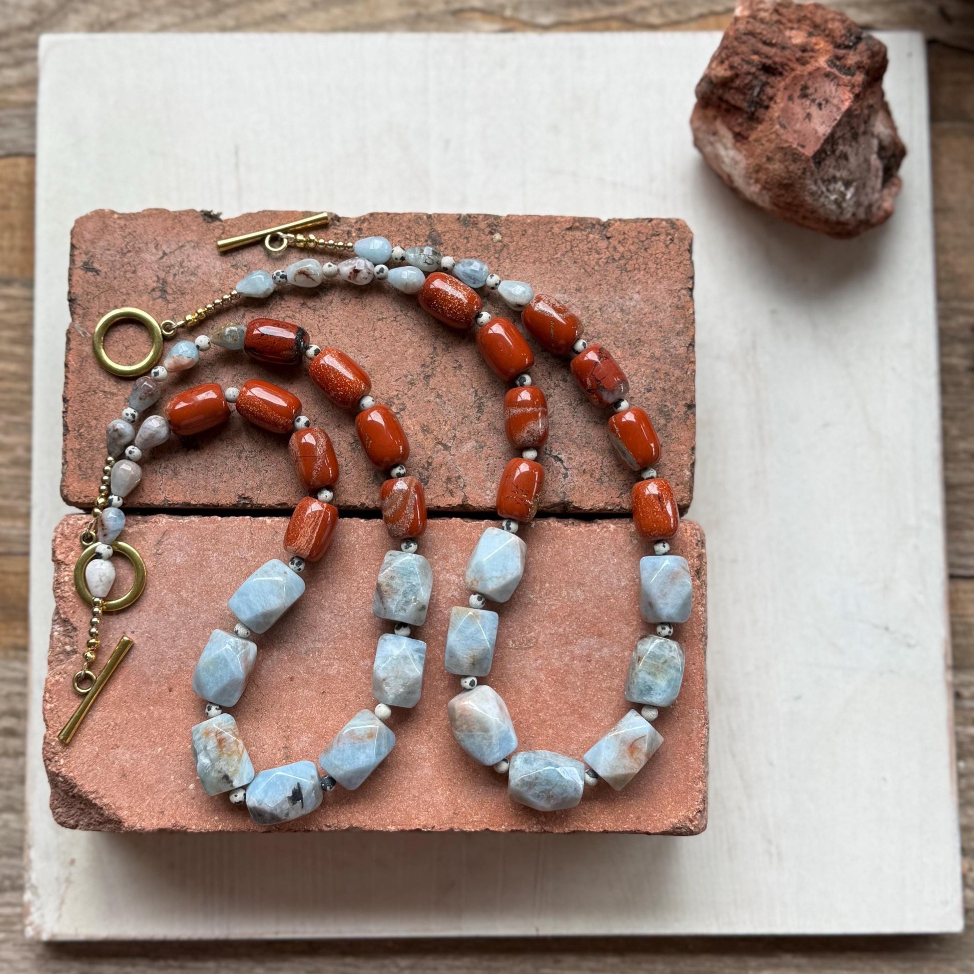 Chunky Aquamarine Nugget Necklace with Red Jasper Beads