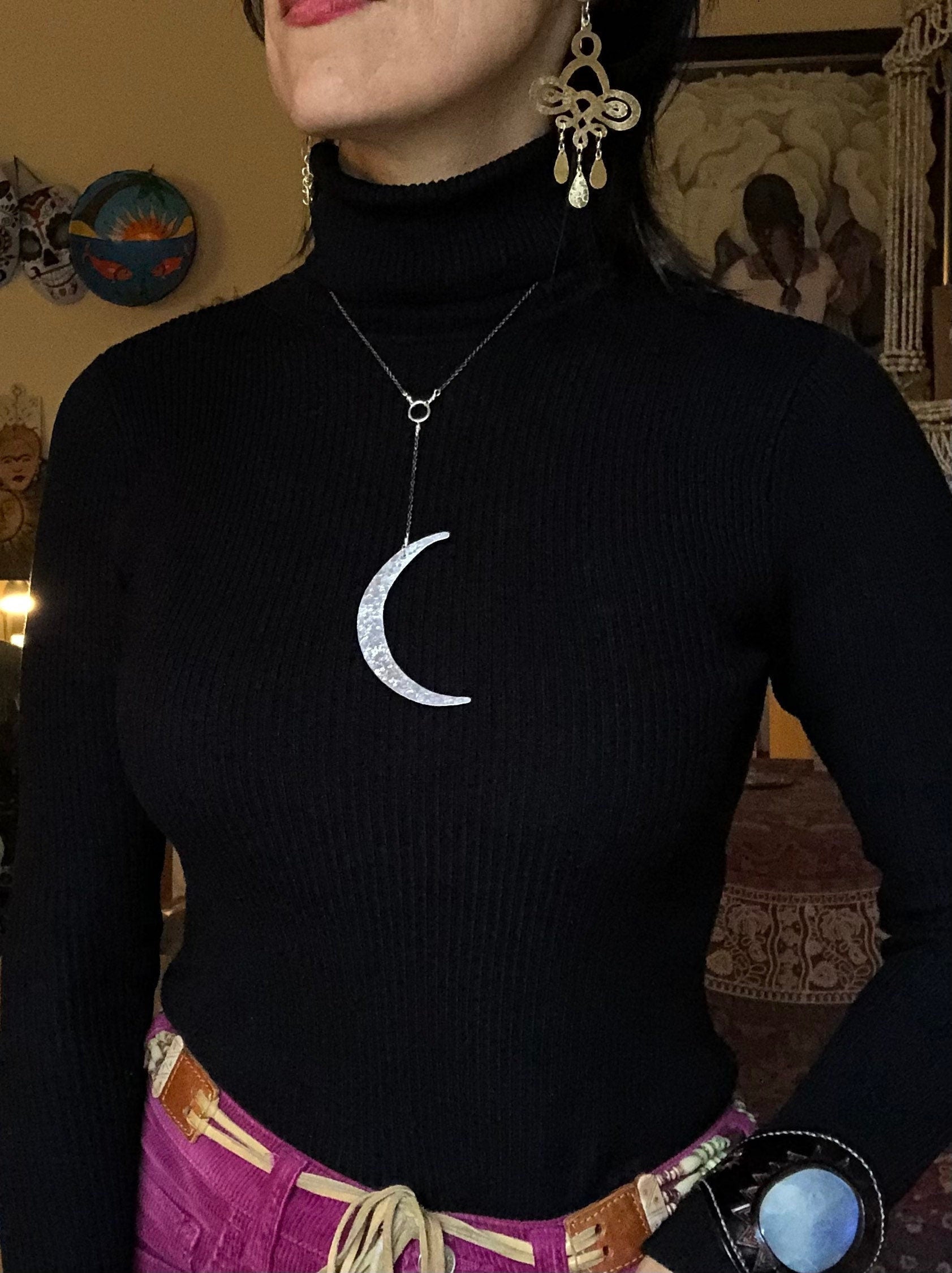 Crescent Moon Lariat Necklace: Handmade Celestial Y Necklace