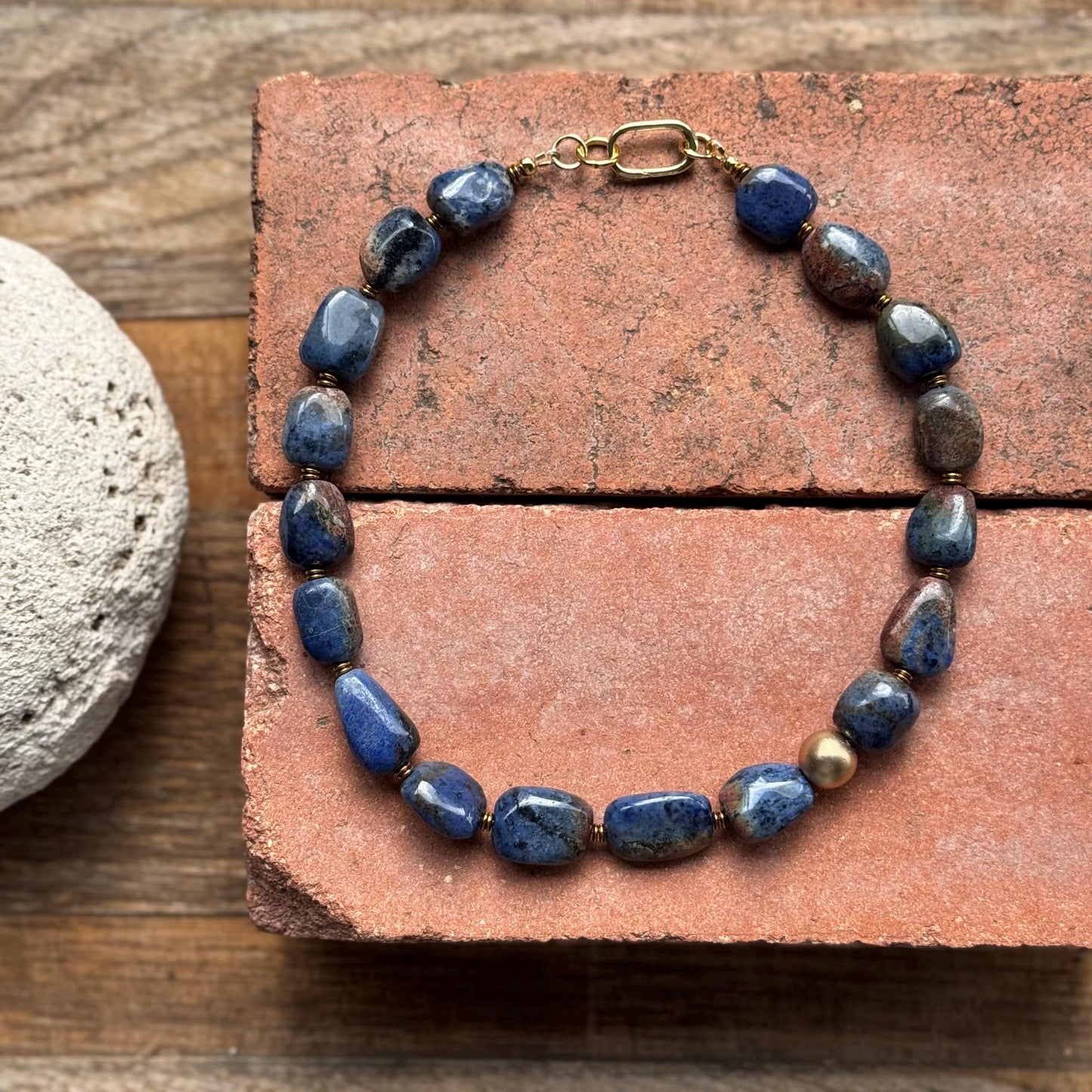 Denim Blue Dumortierite Necklace | Chunky Stone Choker | Gold Carabiner Clasp __etsy:8053135432
