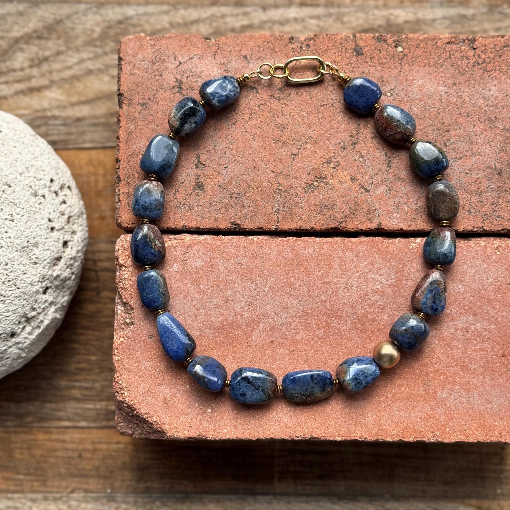 Denim Blue Dumortierite Necklace | Chunky Stone Choker | Gold Carabiner Clasp __etsy:8053135432