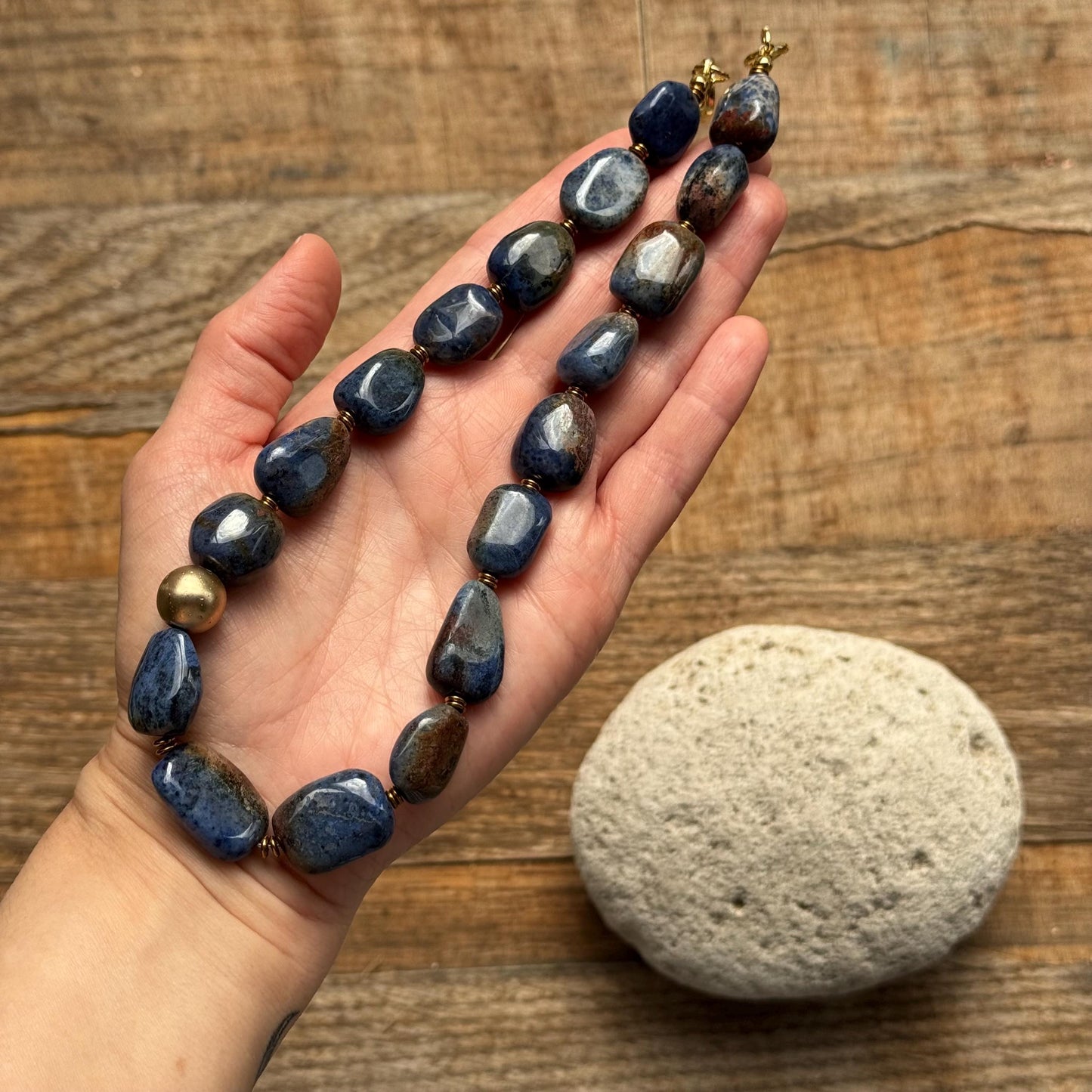 Denim Blue Dumortierite Necklace | Chunky Stone Choker | Gold Carabiner Clasp __etsy:8101044555