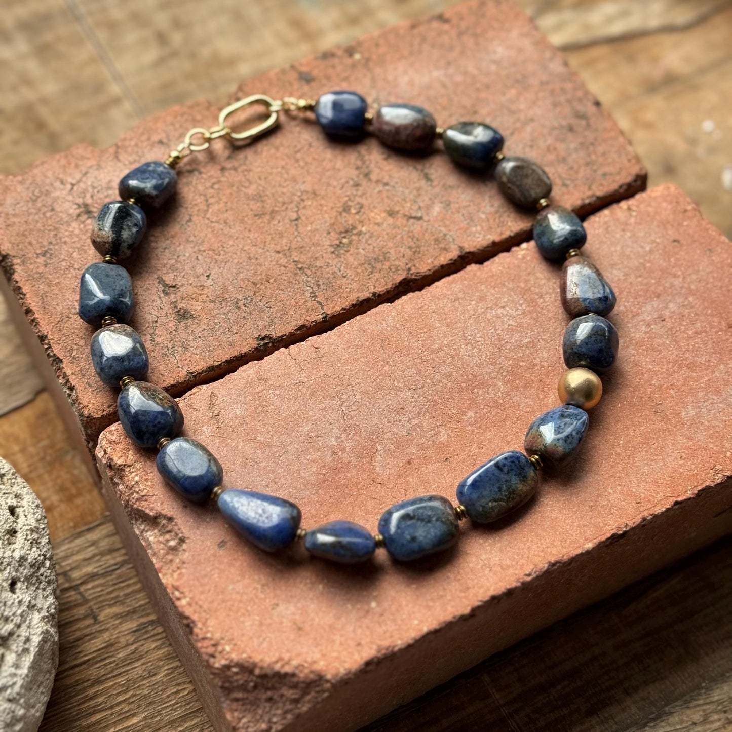 Denim Blue Dumortierite Necklace | Chunky Stone Choker | Gold Carabiner Clasp __etsy:8053129020