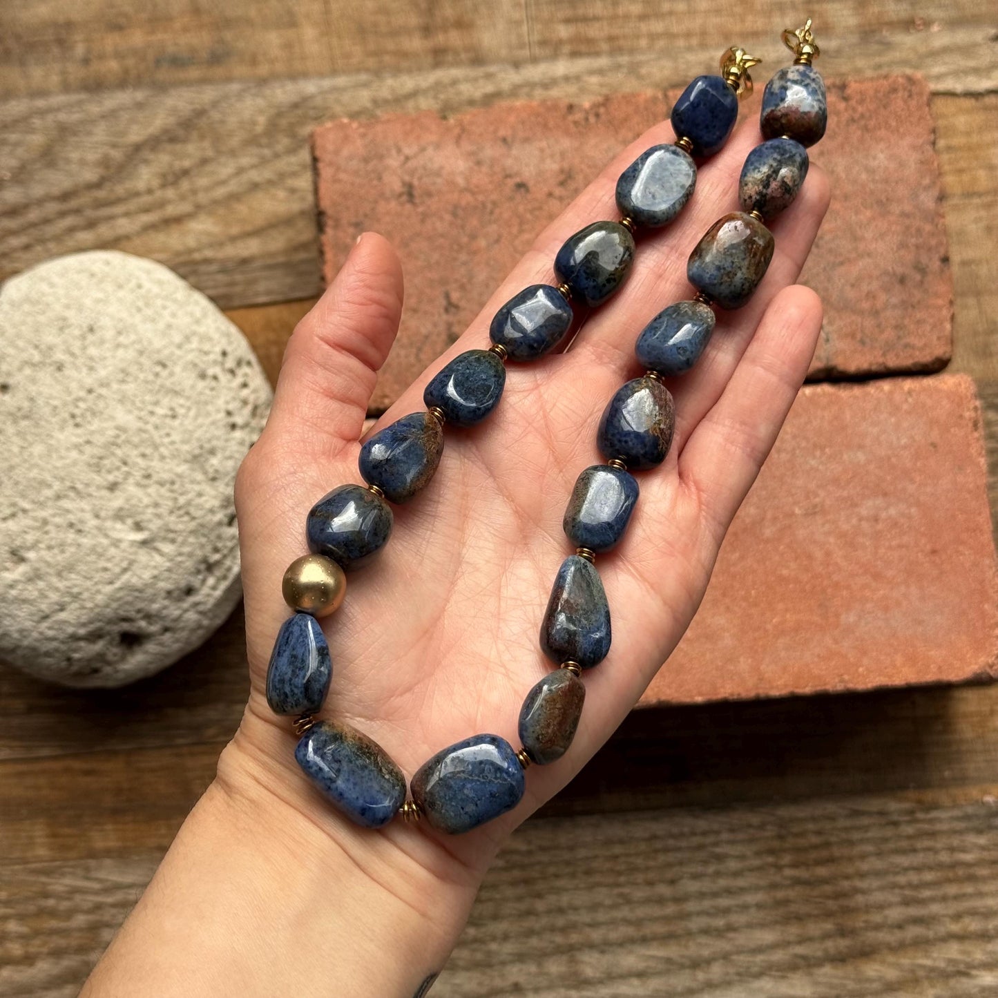 Denim Blue Dumortierite Necklace | Chunky Stone Choker | Gold Carabiner Clasp __etsy:8101044563