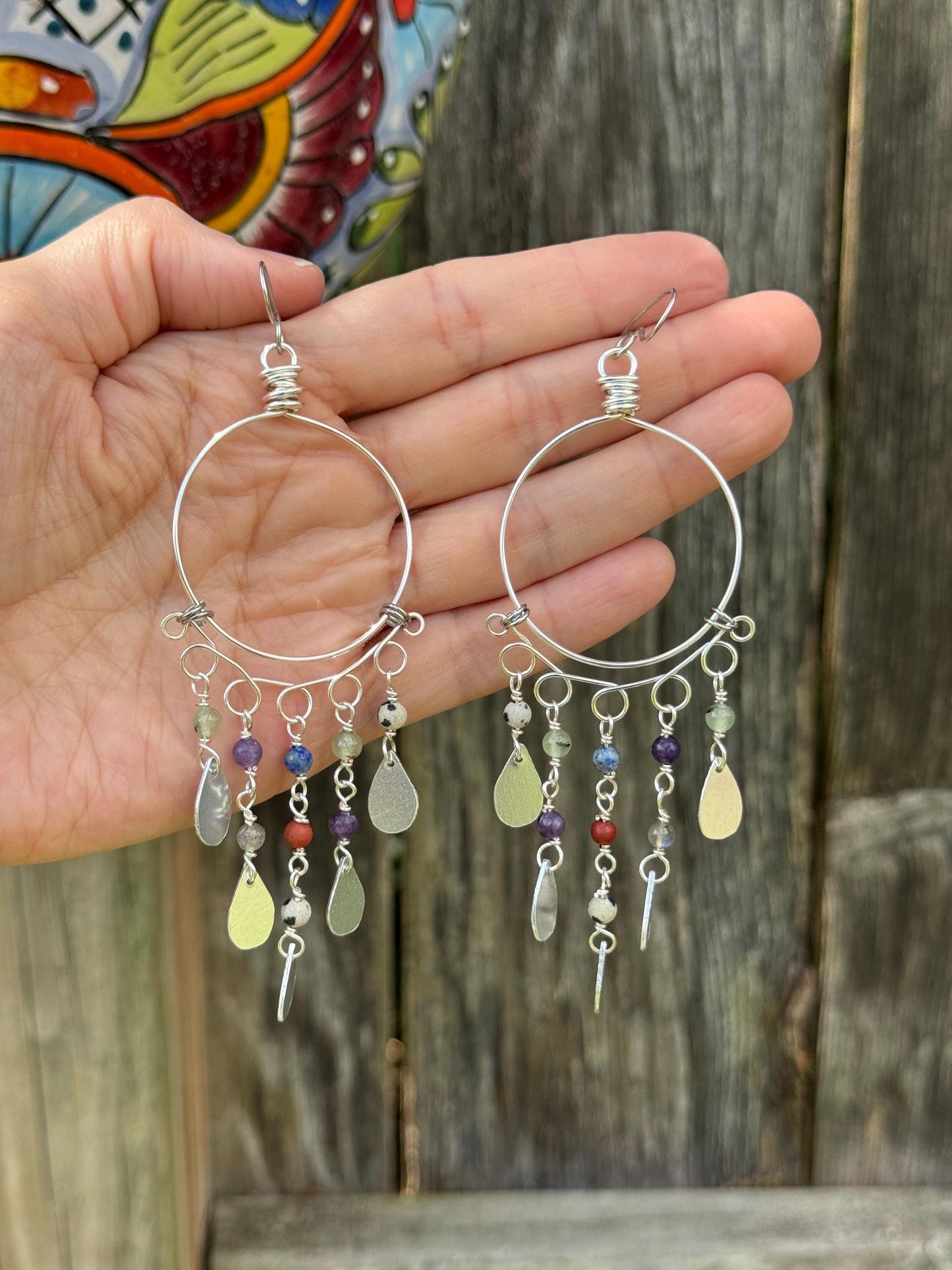 Desert Rain Dusters – Multi Gemstone Shoulder Duster Earrings, Silver Tone Hoop Fringe Earrings, Southwestern Boho