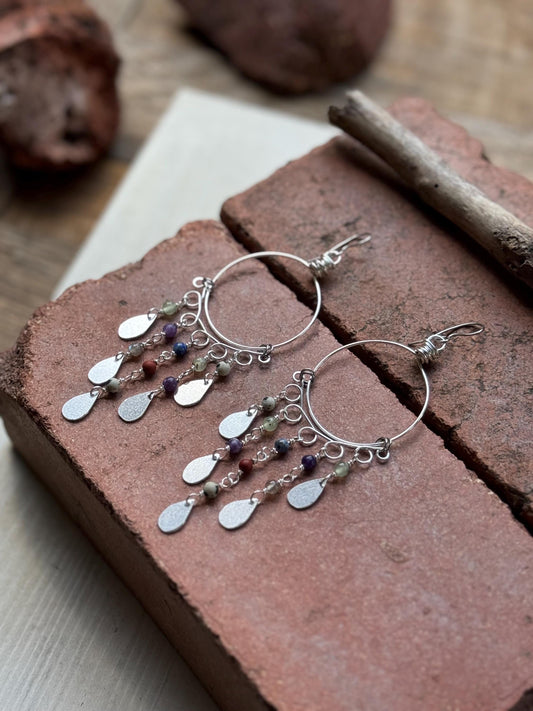 Desert Rain Dusters – Multi Gemstone Shoulder Duster Earrings, Silver Tone Hoop Fringe Earrings, Southwestern Boho