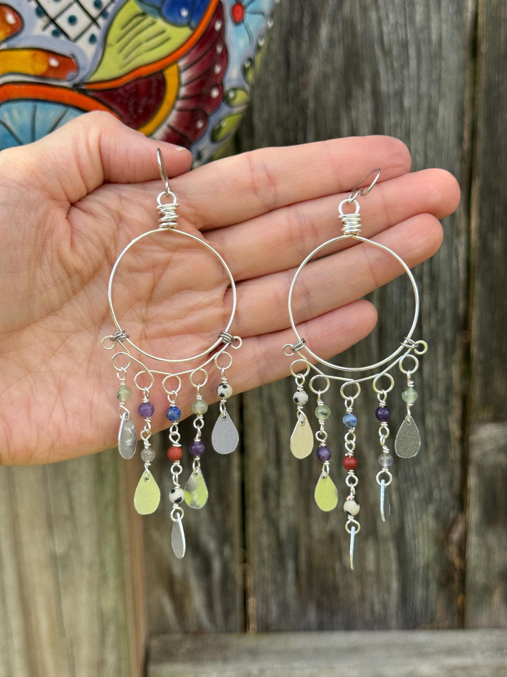 Desert Rain Dusters – Multi Gemstone Shoulder Duster Earrings, Silver Tone Hoop Fringe Earrings, Southwestern Boho