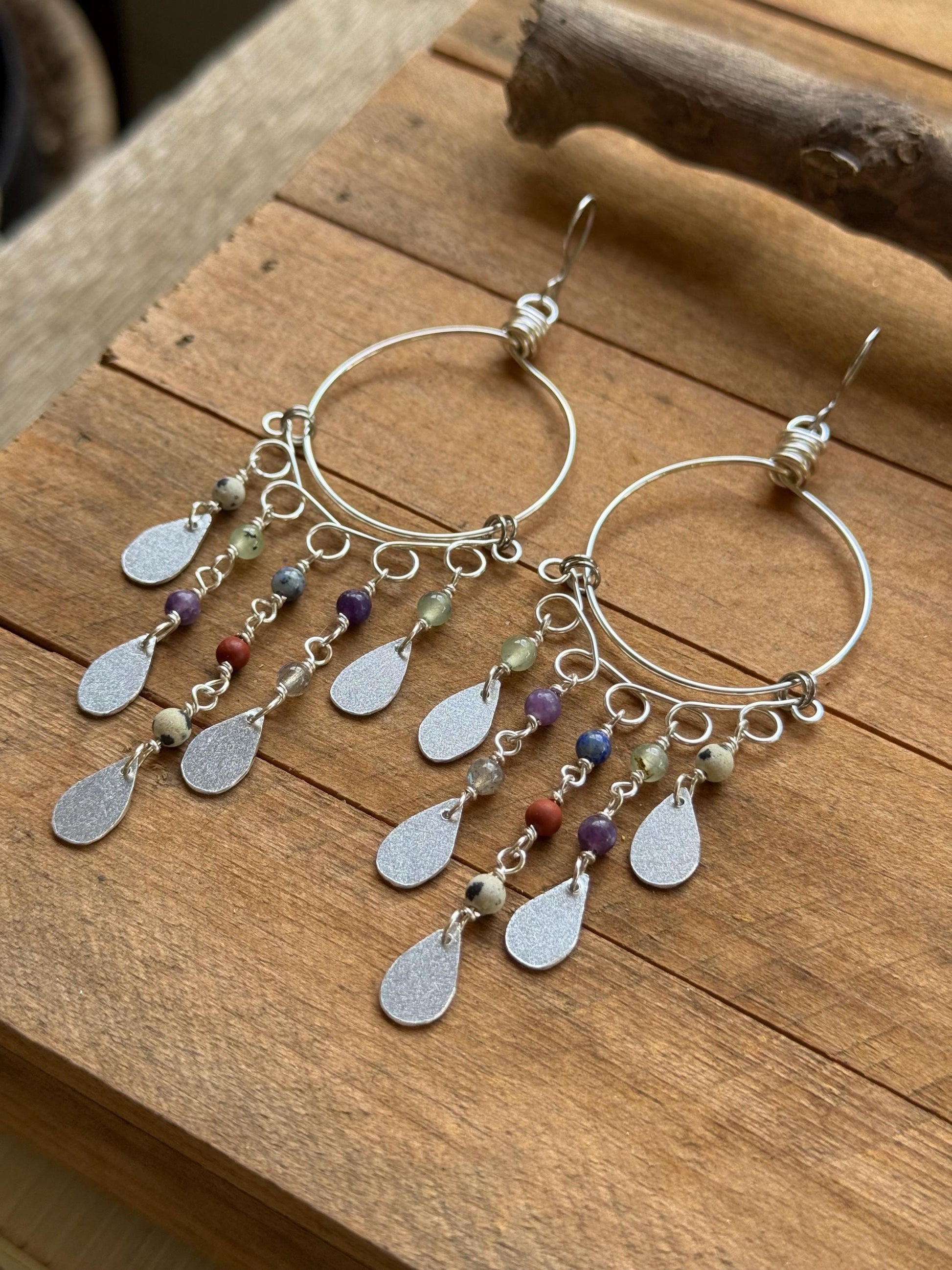 Desert Rain Dusters – Multi Gemstone Shoulder Duster Earrings, Silver Tone Hoop Fringe Earrings, Southwestern Boho