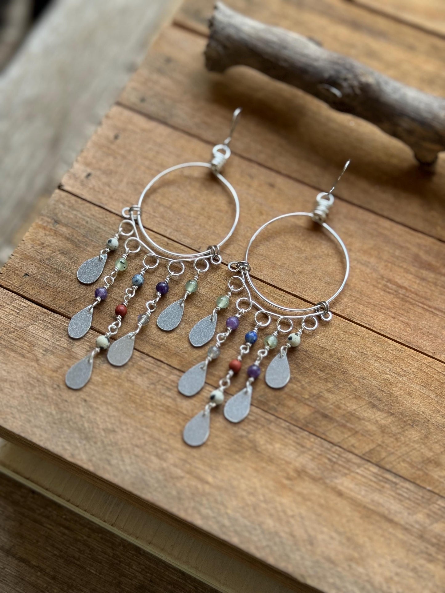 Desert Rain Dusters – Multi Gemstone Shoulder Duster Earrings, Silver Tone Hoop Fringe Earrings, Southwestern Boho