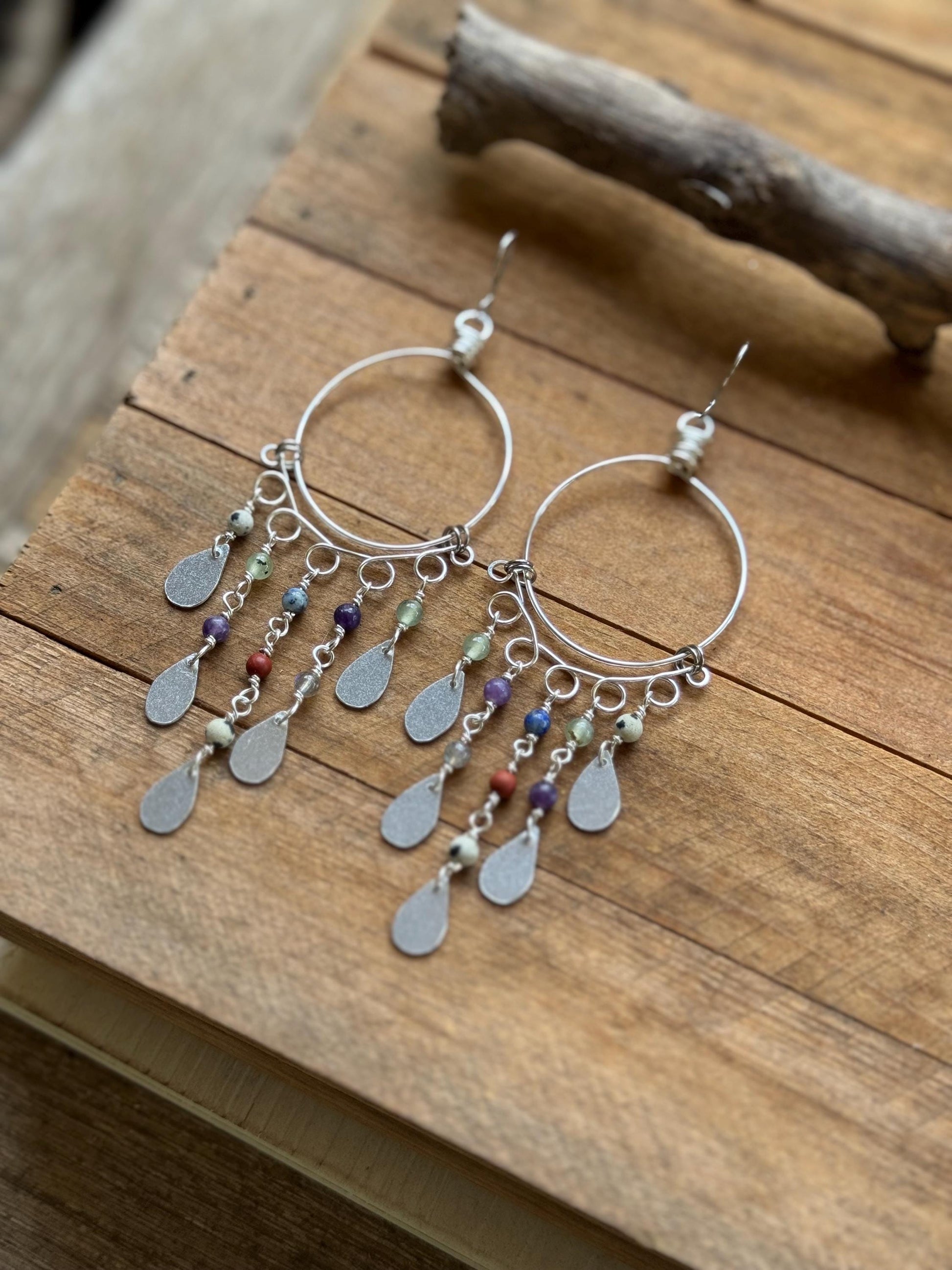 Desert Rain Dusters – Multi Gemstone Shoulder Duster Earrings, Silver Tone Hoop Fringe Earrings, Southwestern Boho