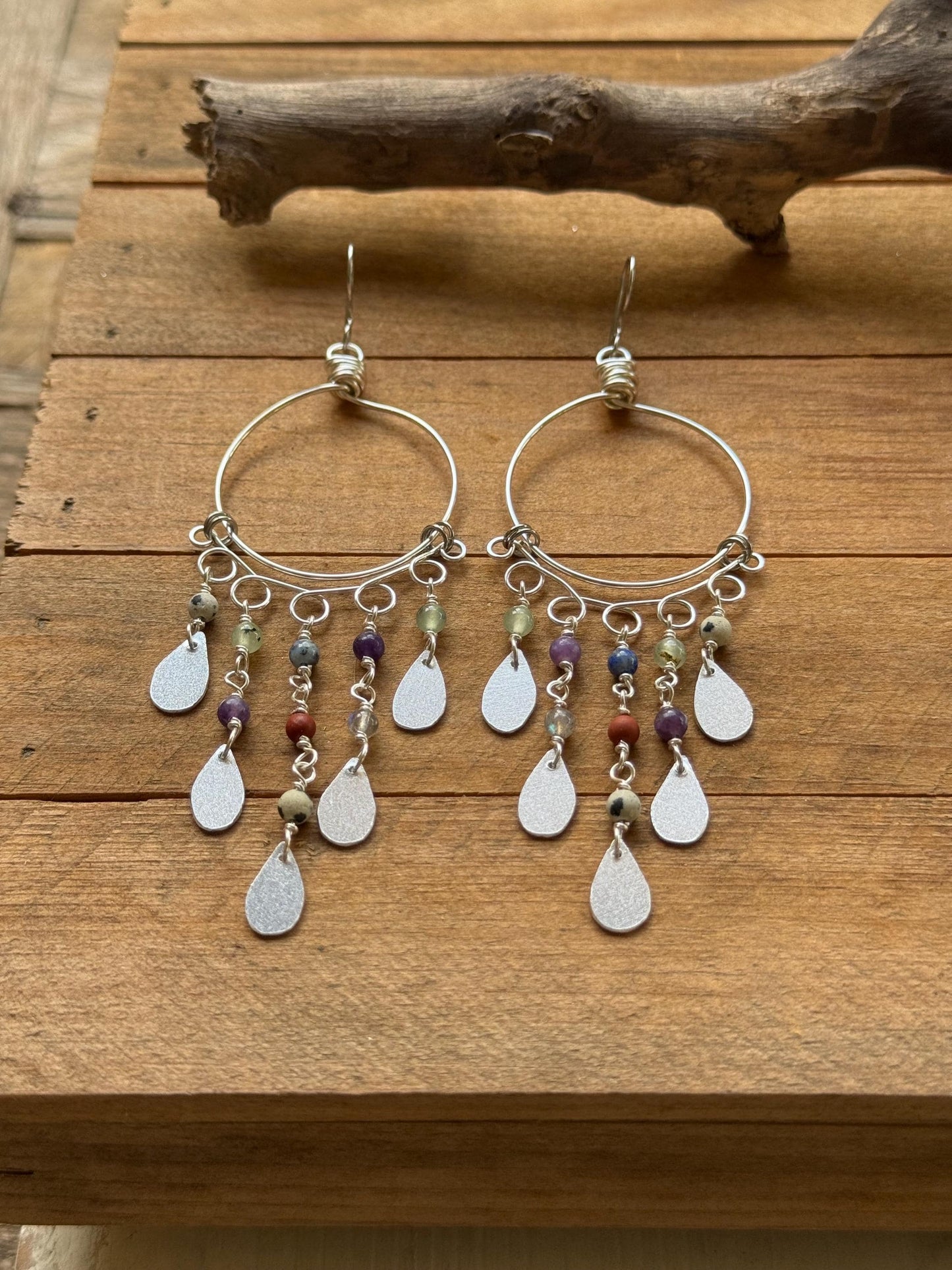 Desert Rain Dusters – Multi Gemstone Shoulder Duster Earrings, Silver Tone Hoop Fringe Earrings, Southwestern Boho