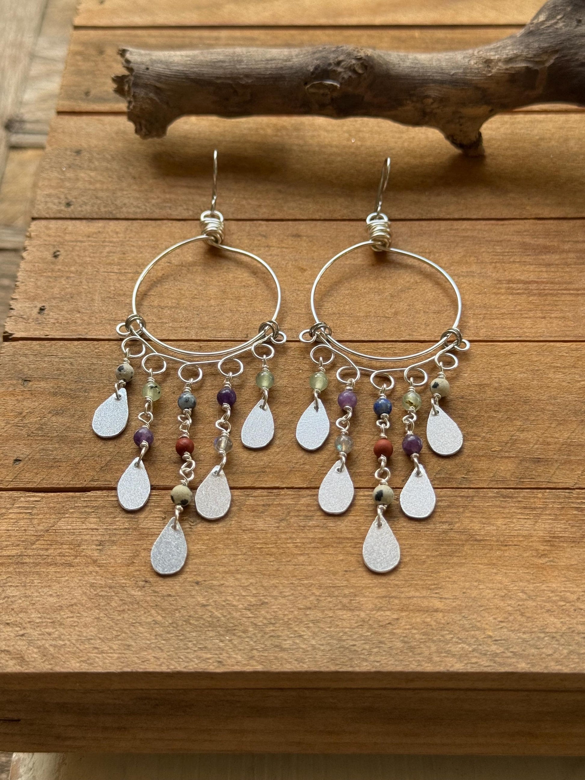 Desert Rain Dusters – Multi Gemstone Shoulder Duster Earrings, Silver Tone Hoop Fringe Earrings, Southwestern Boho