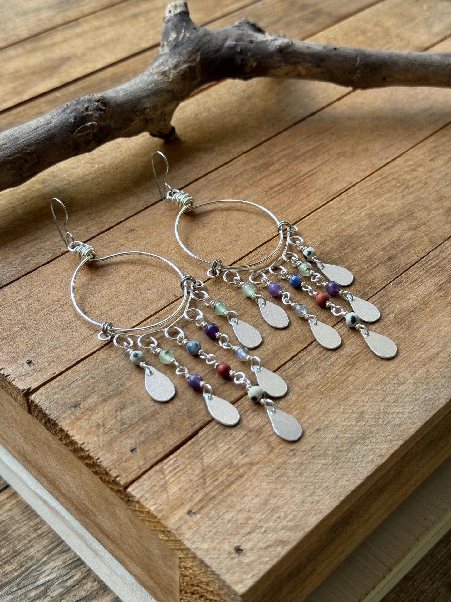 Desert Rain Dusters – Multi Gemstone Shoulder Duster Earrings, Silver Tone Hoop Fringe Earrings, Southwestern Boho