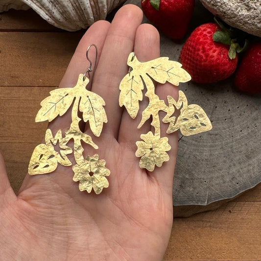 Hammered Brass Strawberry Earrings: Folksy Blossom Dangles