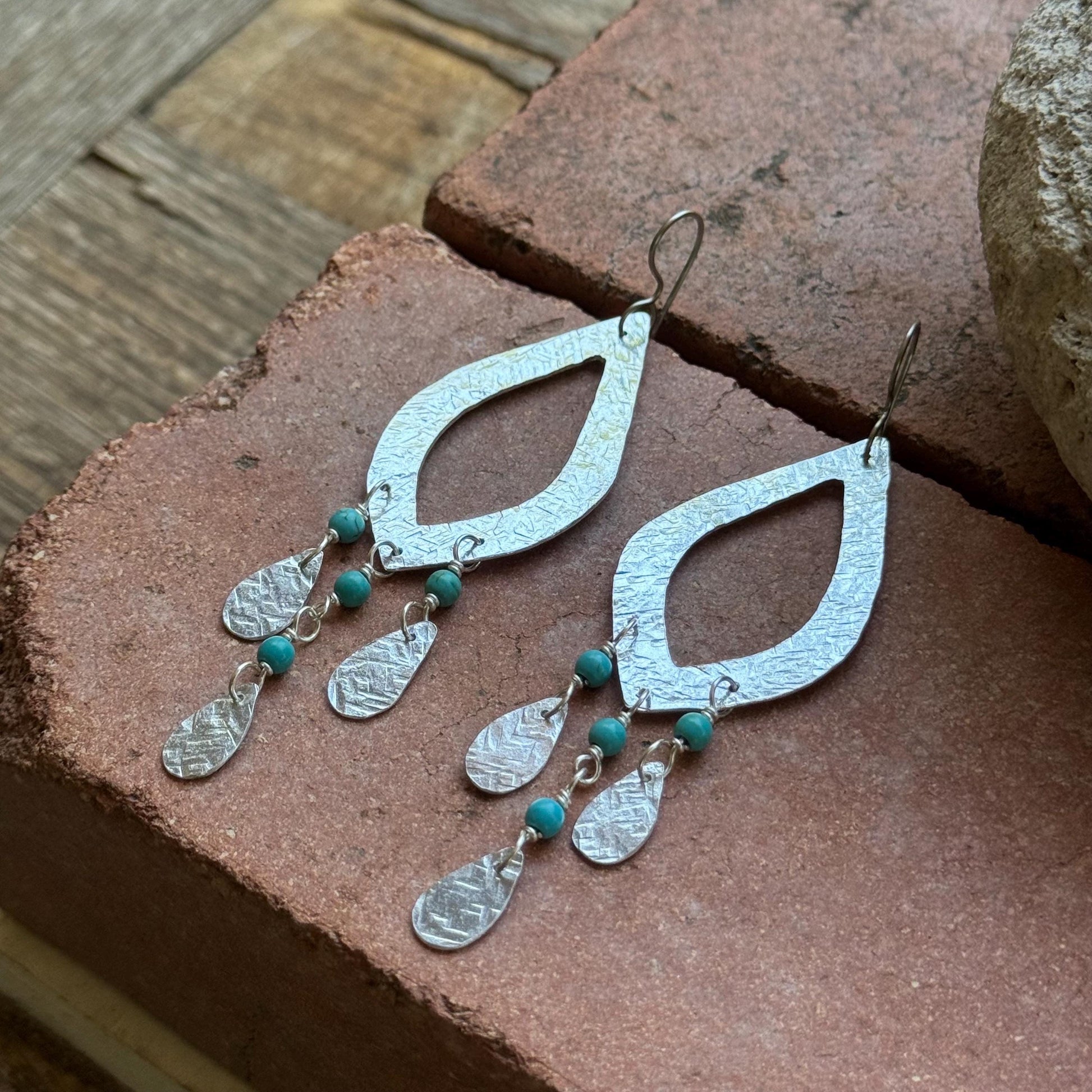 Hammered Aluminum Marquise Earrings with Blue Magnesite, Boho Southwestern Dangle Earrings