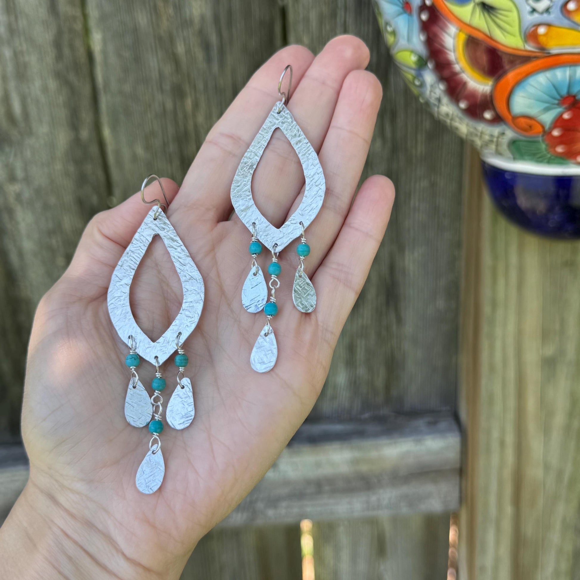 Hammered Aluminum Marquise Earrings with Blue Magnesite, Boho Southwestern Dangle Earrings