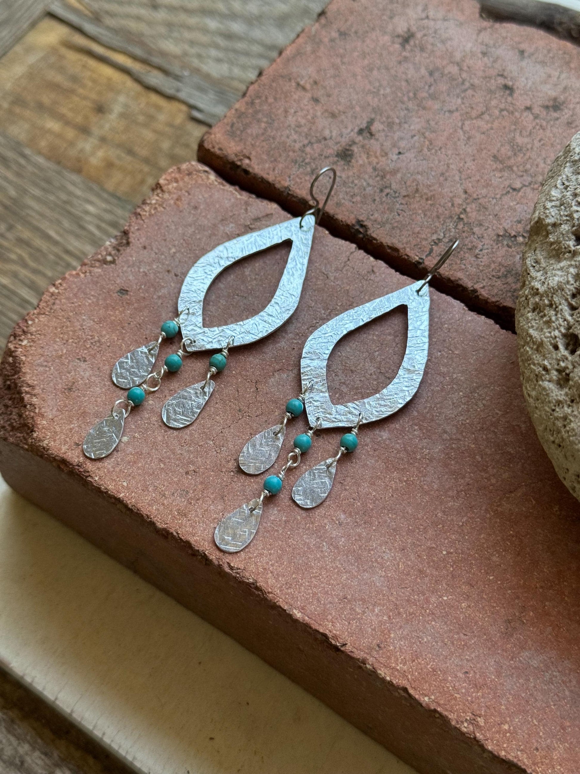 Hammered Aluminum Marquise Earrings with Blue Magnesite, Boho Southwestern Dangle Earrings