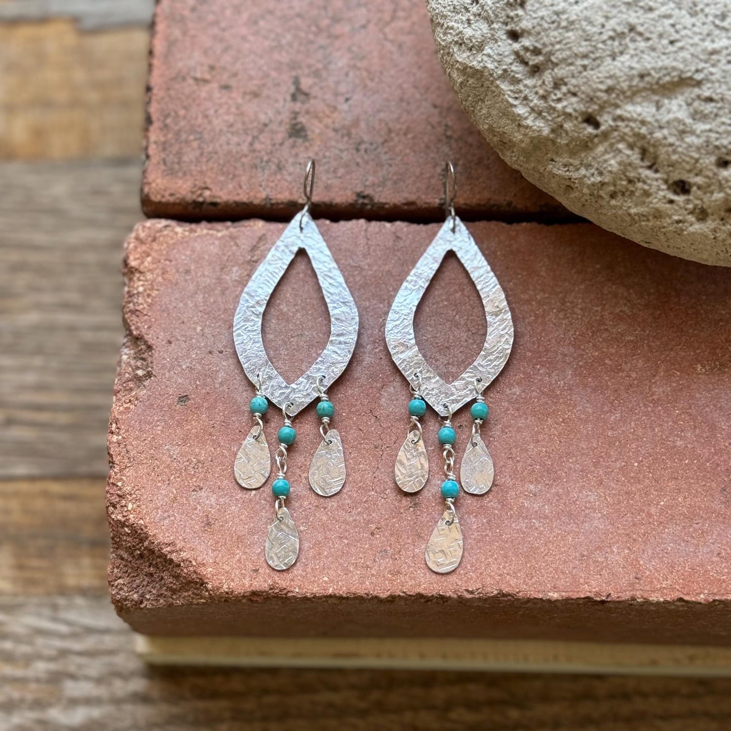 Hammered Aluminum Marquise Earrings with Blue Magnesite, Boho Southwestern Dangle Earrings