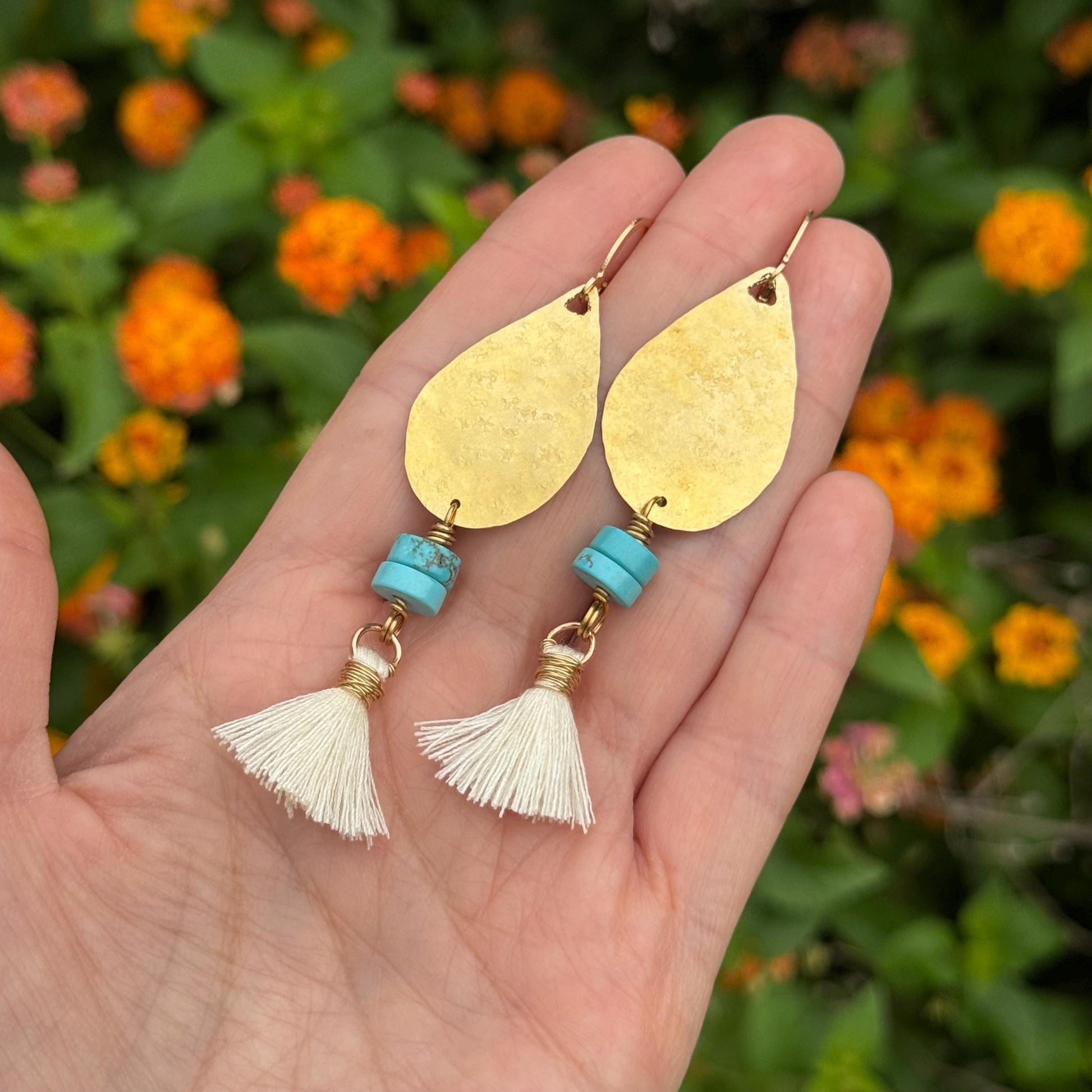 Hammered Brass & Blue Stone Tassel Lever-back Earrings | Choose Your Tassel Color