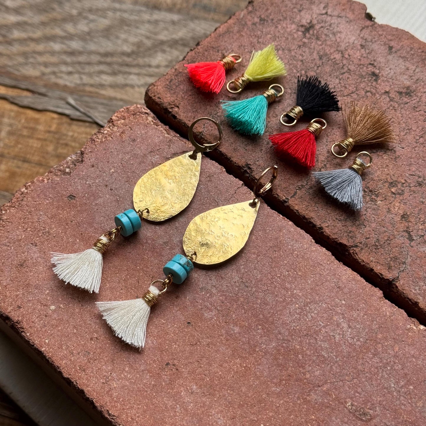 Hammered Brass & Blue Stone Tassel Lever-back Earrings | Choose Your Tassel Color