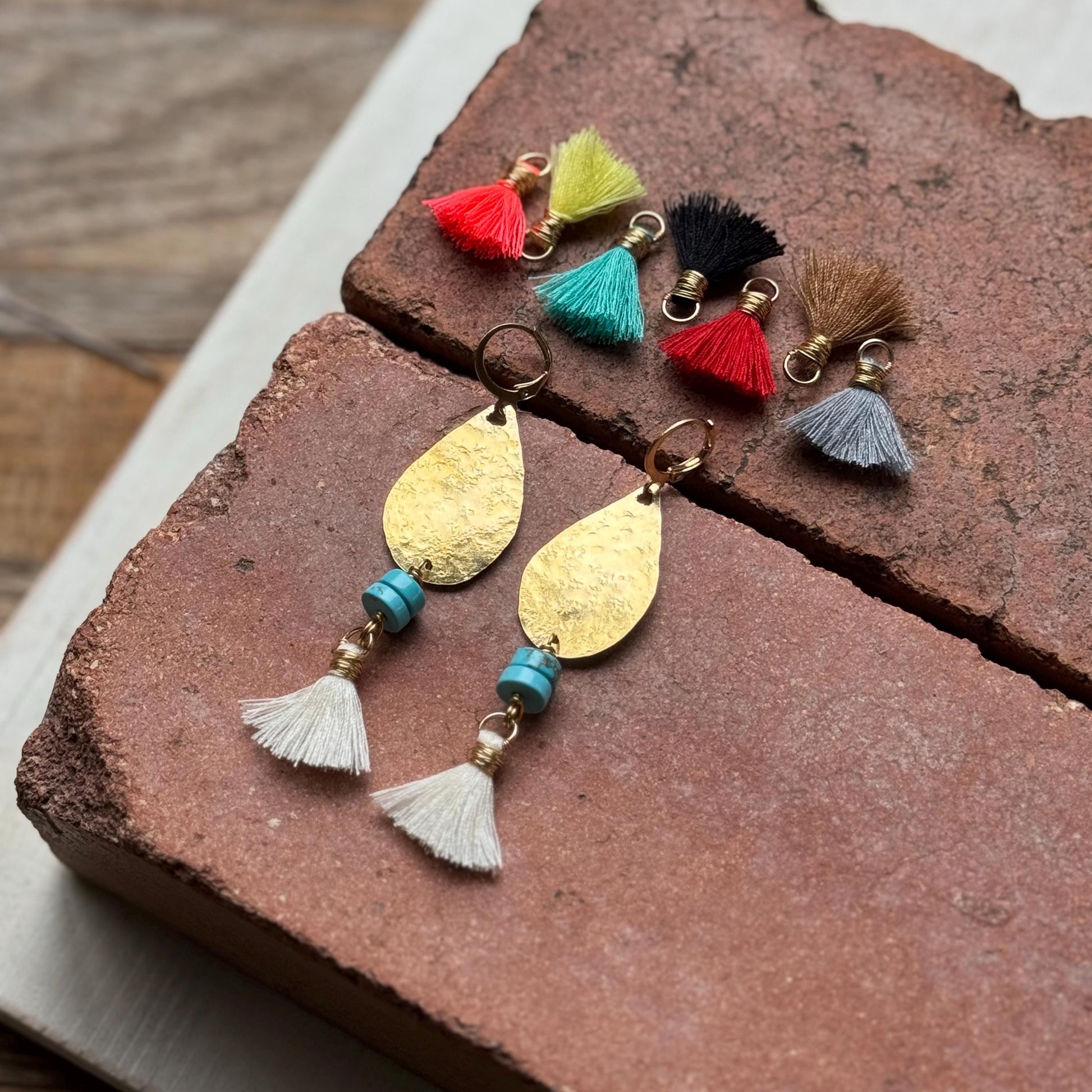 Hammered Brass & Blue Stone Tassel Lever-back Earrings | Choose Your Tassel Color