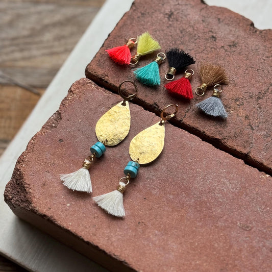 Hammered Brass & Blue Stone Tassel Lever-back Earrings | Choose Your Tassel Color