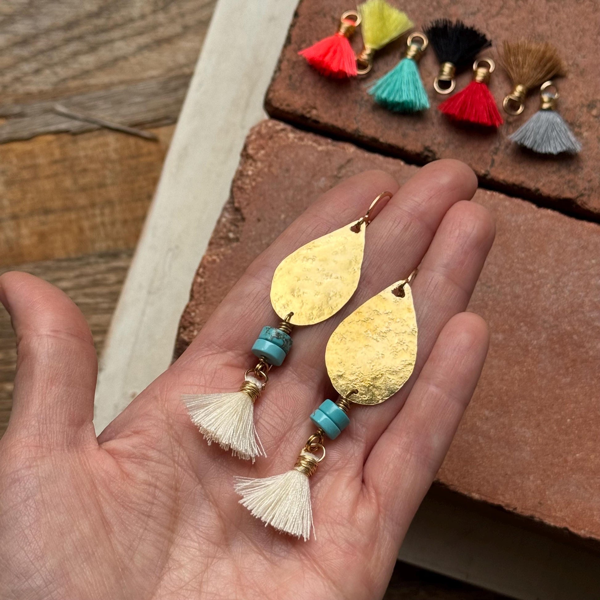 Hammered Brass & Blue Stone Tassel Lever-back Earrings | Choose Your Tassel Color