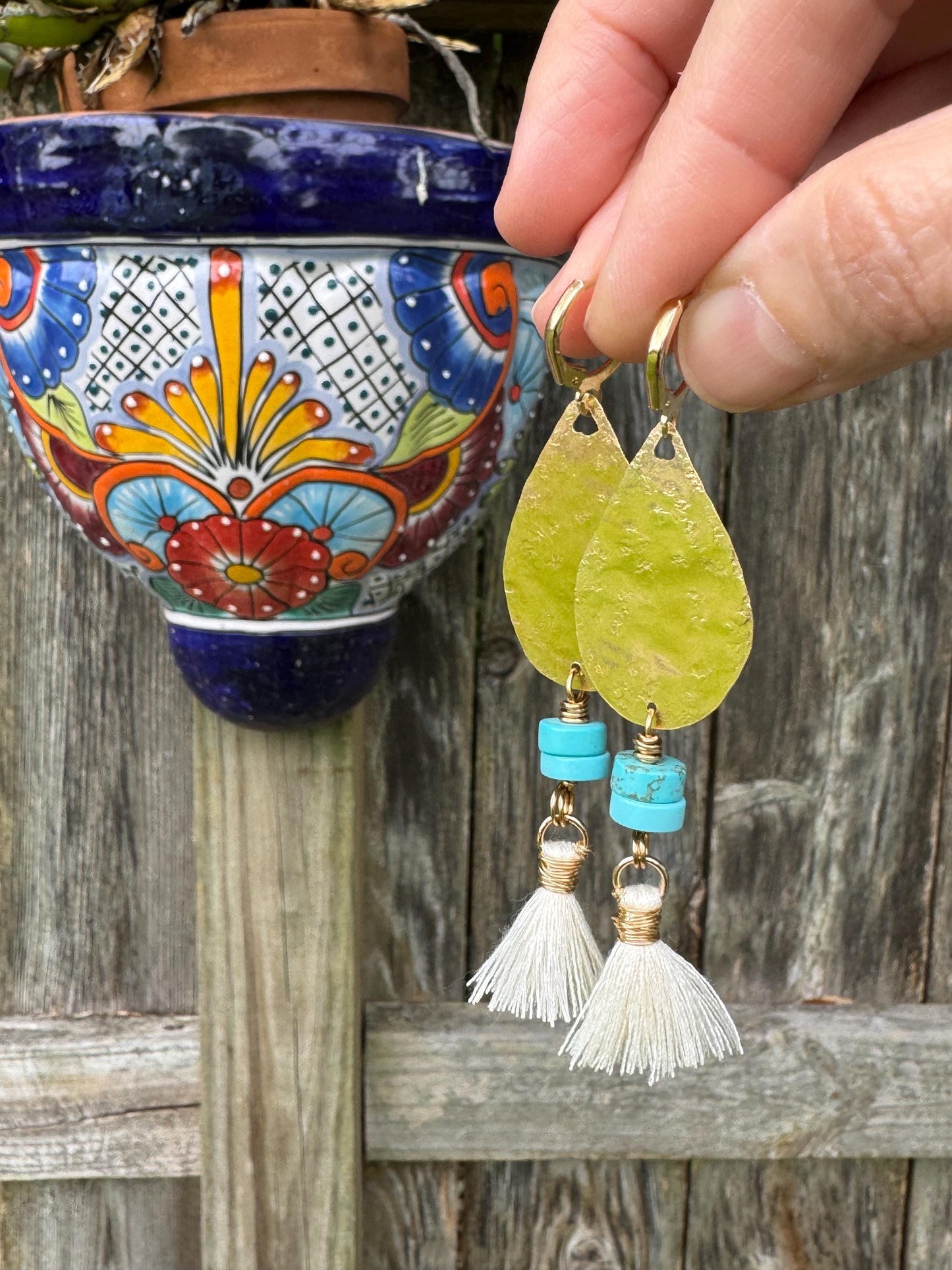 Hammered Brass & Blue Stone Tassel Lever-back Earrings | Choose Your Tassel Color