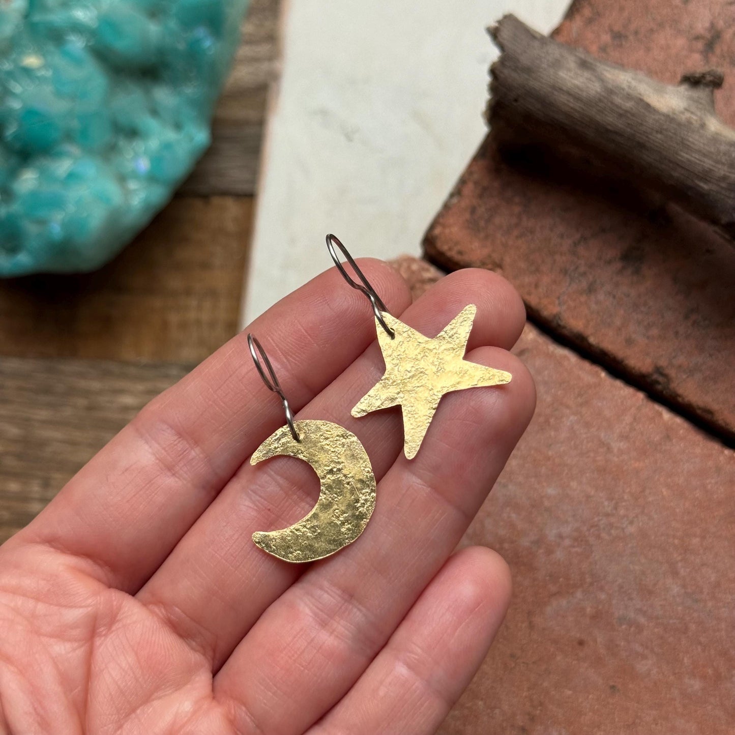 Hammered Brass Celestial Mix & Match Earrings, Small Sun and Moon earrings