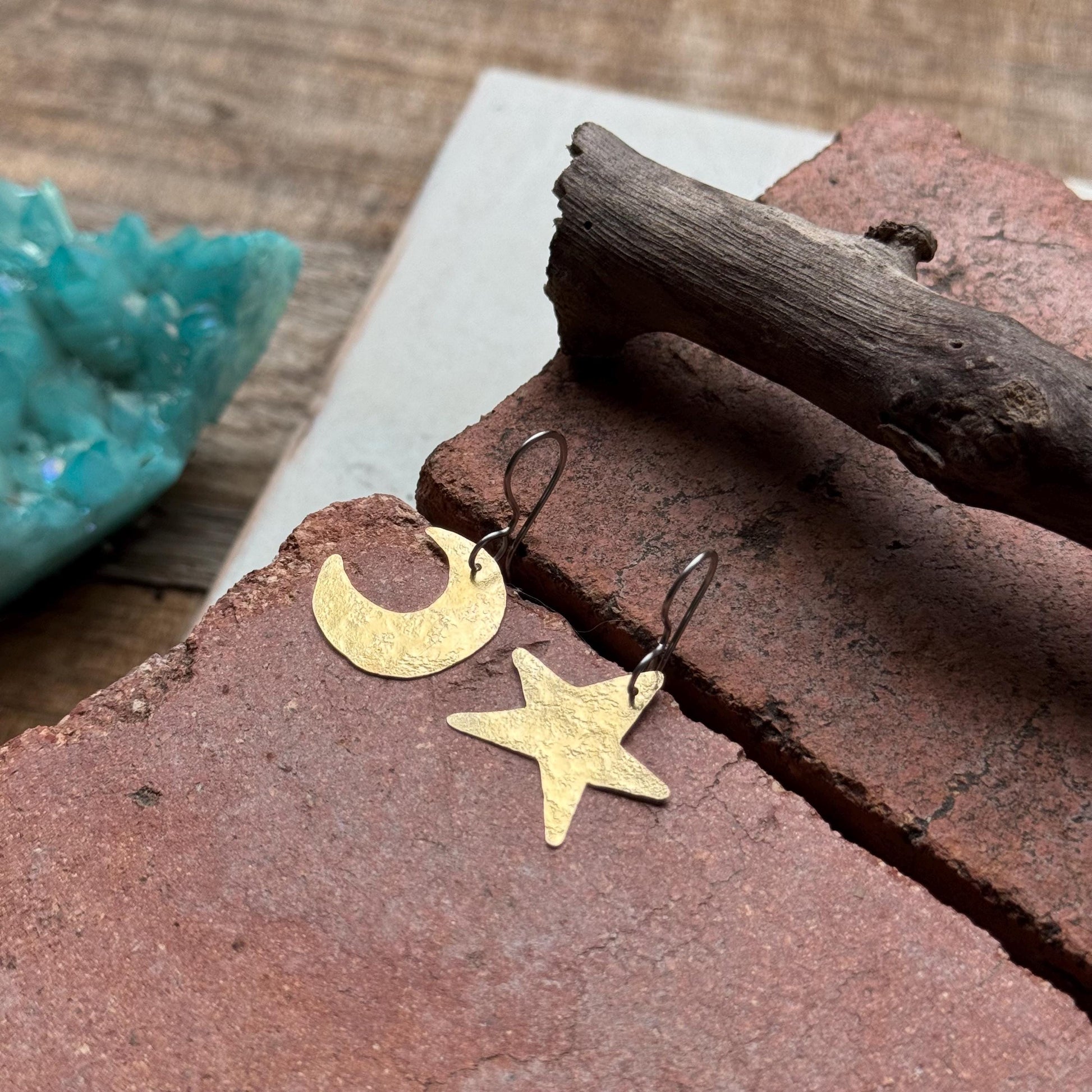 Hammered Brass Celestial Mix & Match Earrings, Small Sun and Moon earrings