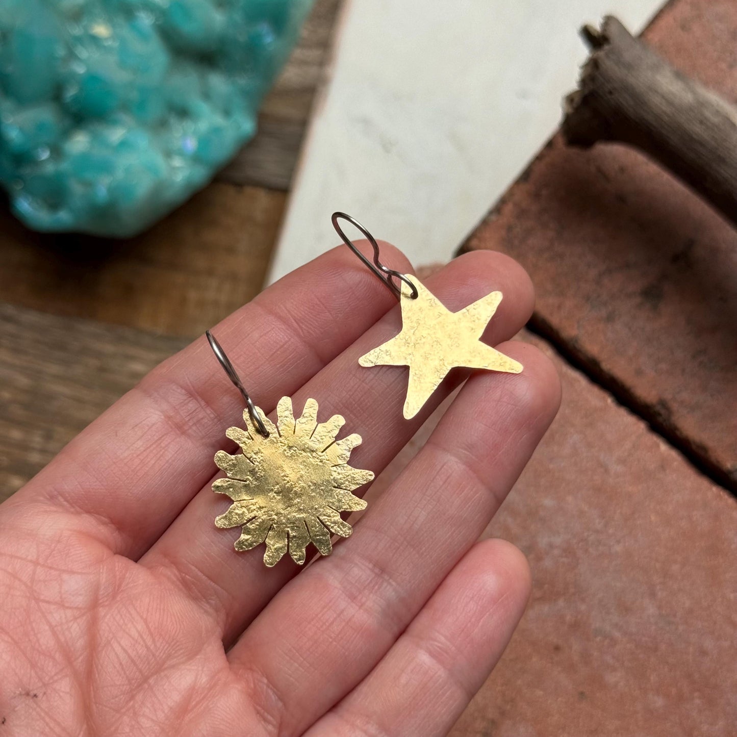 Hammered Brass Celestial Mix & Match Earrings, Small Sun and Moon earrings