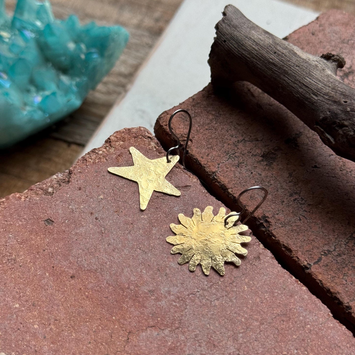 Hammered Brass Celestial Mix & Match Earrings, Small Sun and Moon earrings