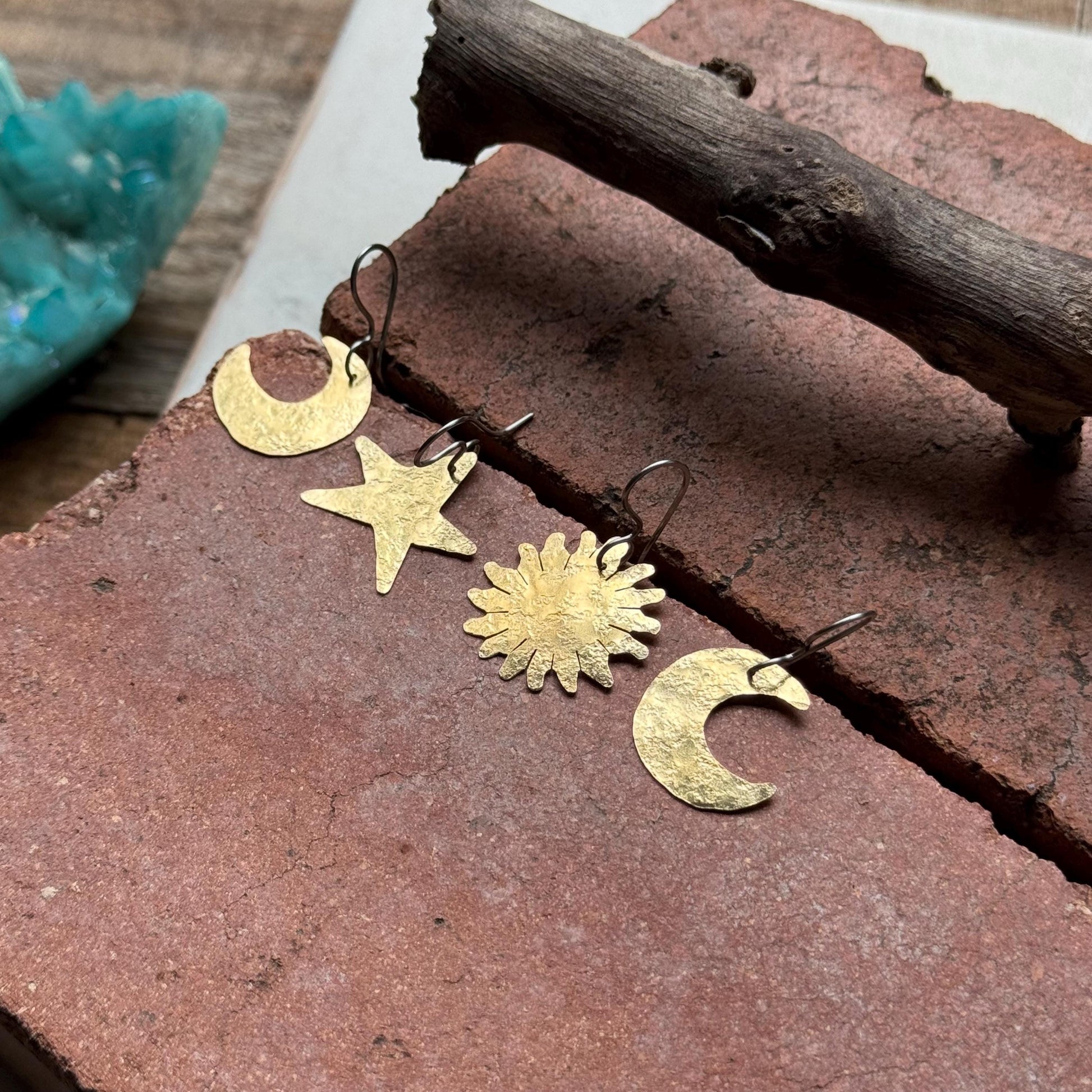 Hammered Brass Celestial Mix & Match Earrings, Small Sun and Moon earrings