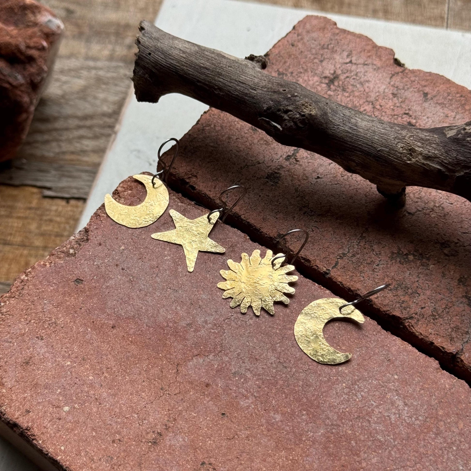 Hammered Brass Celestial Mix & Match Earrings, Small Sun and Moon earrings