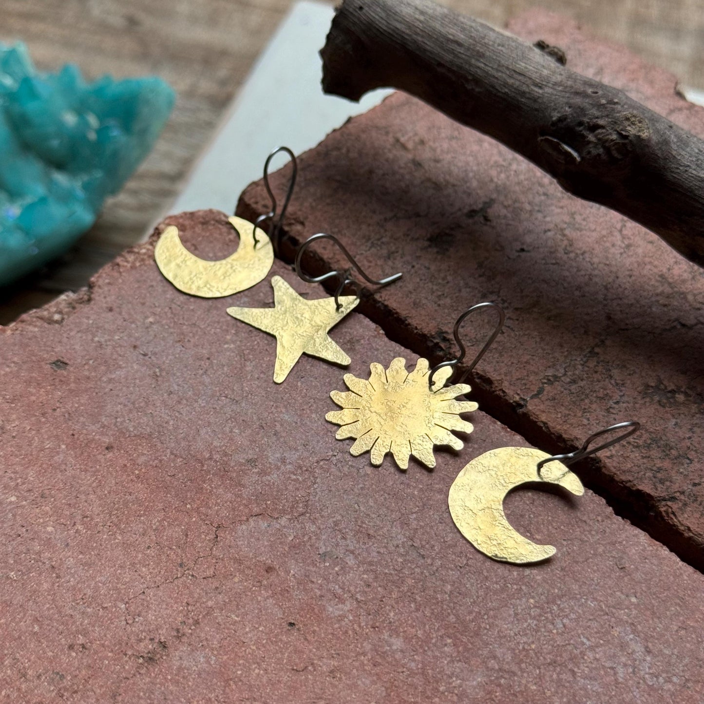 Hammered Brass Celestial Mix & Match Earrings, Small Sun and Moon earrings