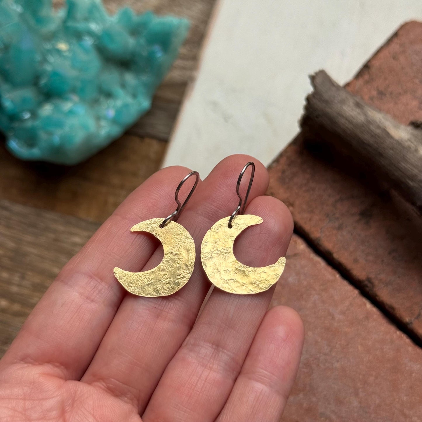Hammered Brass Celestial Mix & Match Earrings, Small Sun and Moon earrings