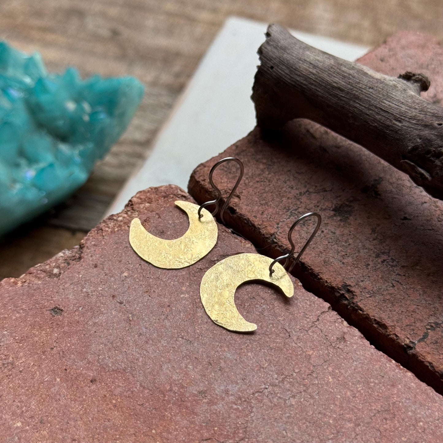 Hammered Brass Celestial Mix & Match Earrings, Small Sun and Moon earrings