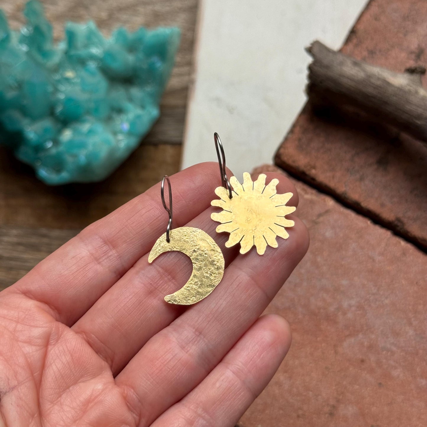 Hammered Brass Celestial Mix & Match Earrings, Small Sun and Moon earrings